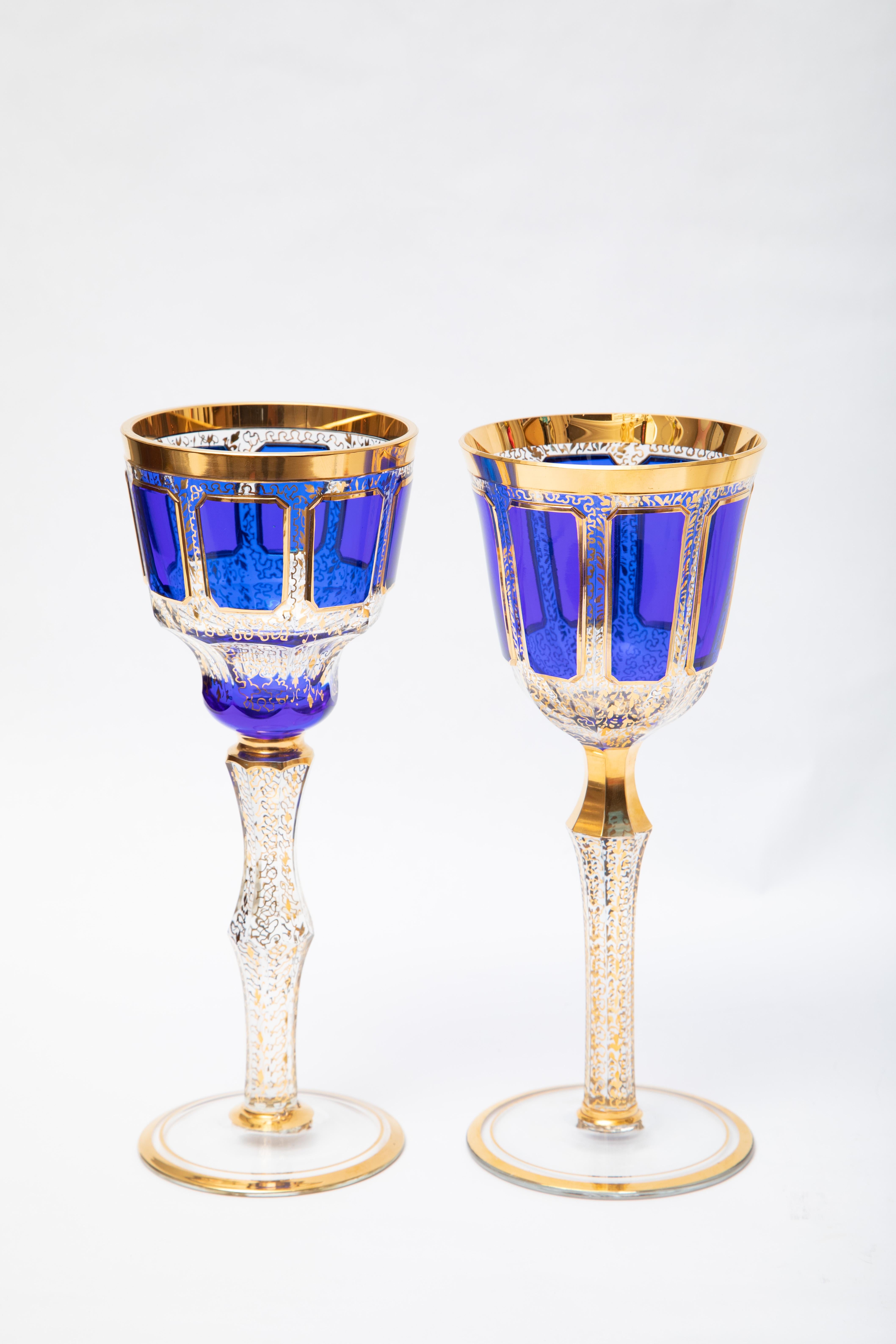 16 Antique Cobalt Blue & Gold Tall Goblets, All Over 24 Karat Design & Trim In Good Condition In West Palm Beach, FL