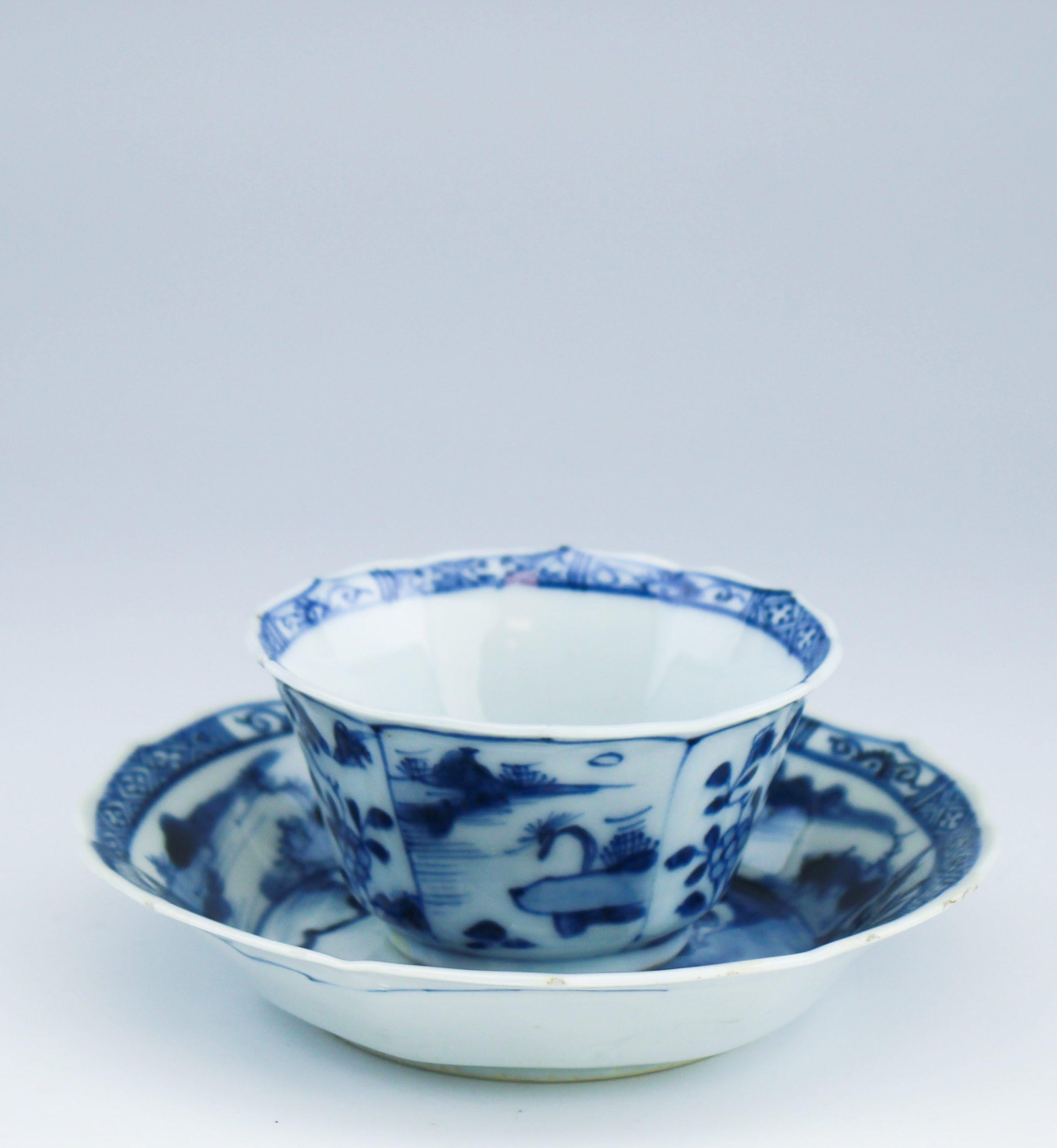 #16 Antiguo Periodo Kangxi Porcelana China Pescadores Taza de Té Platillo en venta 4