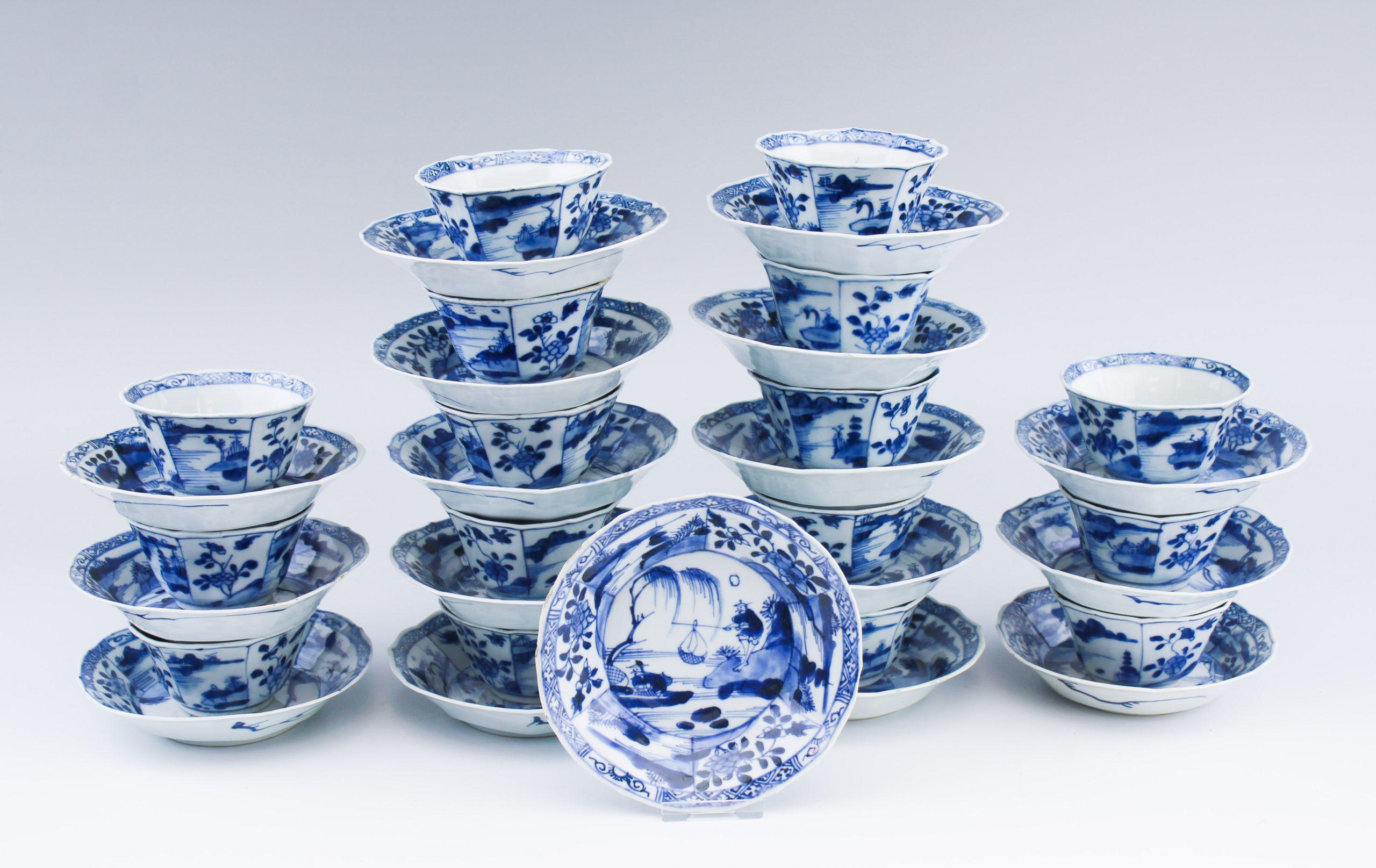 #16 Antiguo Periodo Kangxi Porcelana China Pescadores Taza de Té Platillo en venta 6