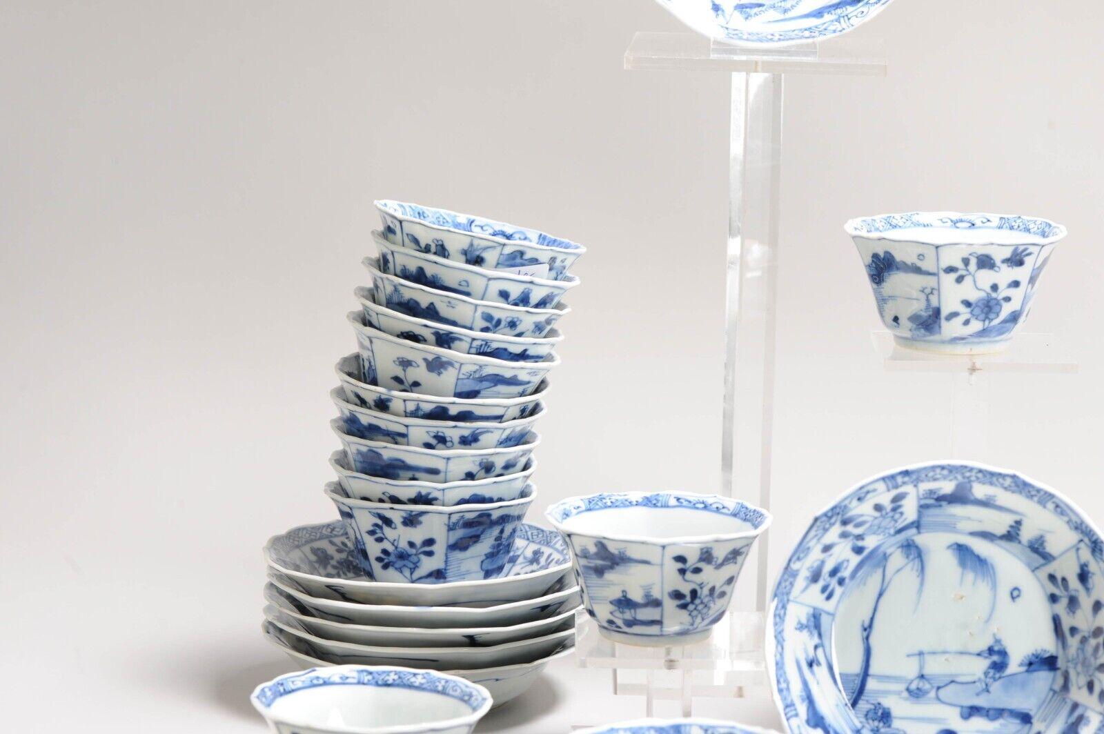 #16 Antiguo Periodo Kangxi Porcelana China Pescadores Taza de Té Platillo Qing en venta