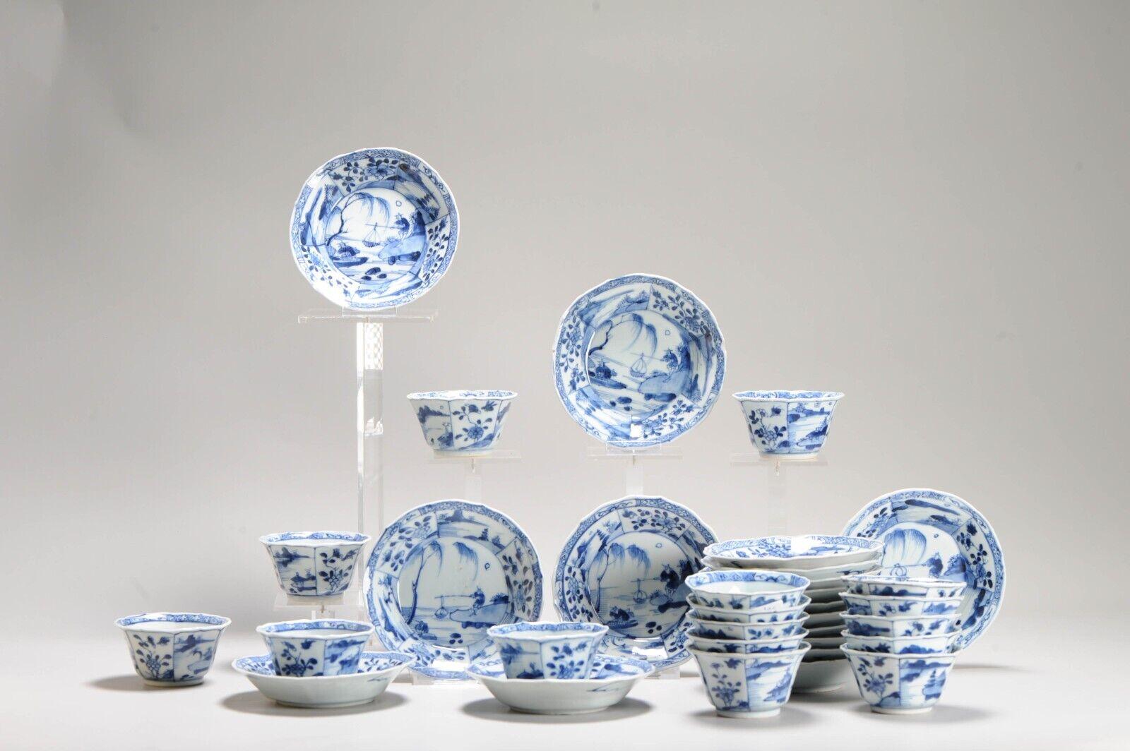 #16 Antiguo Periodo Kangxi Porcelana China Pescadores Taza de Té Platillo Chino en venta