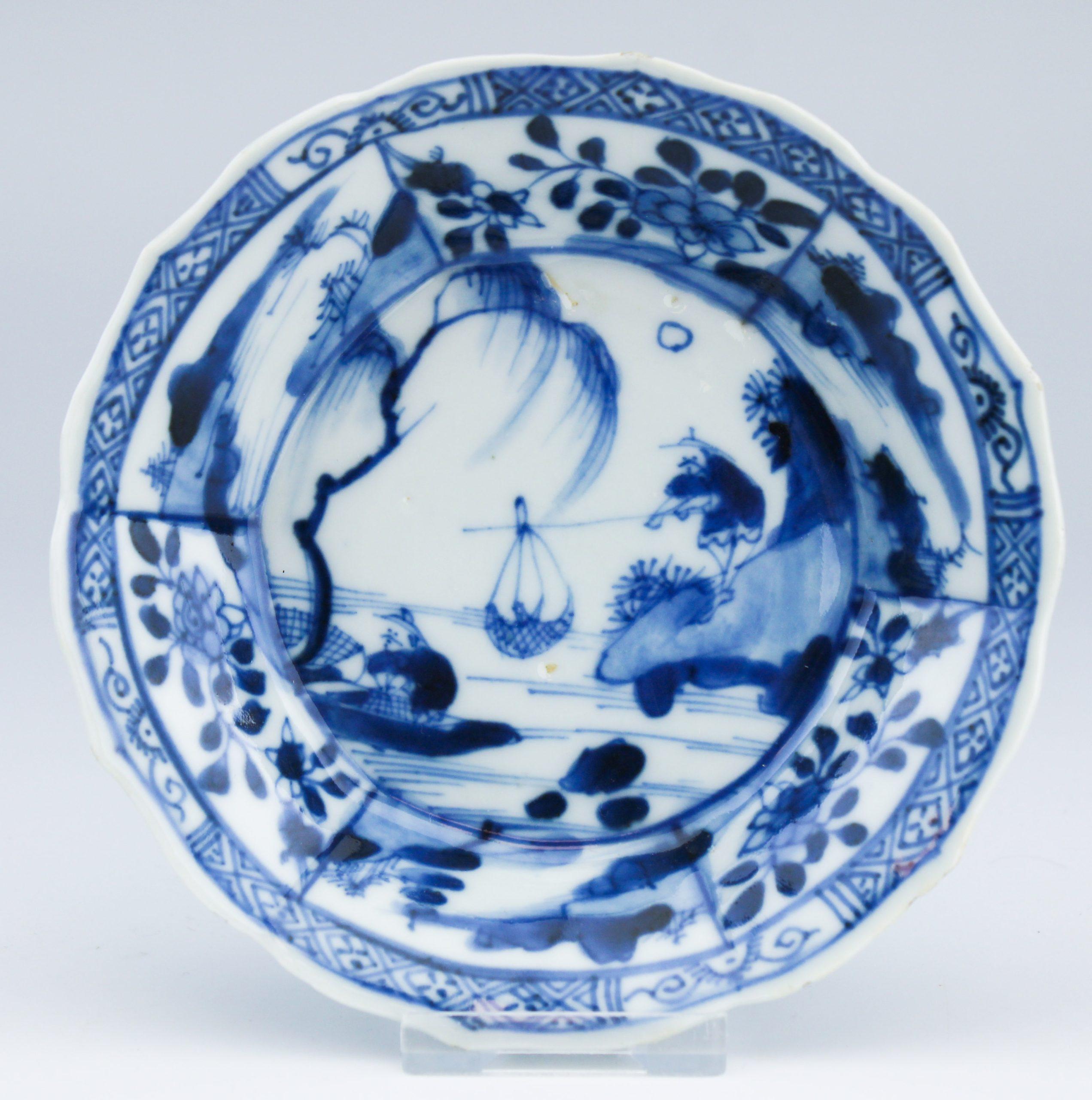 #16 Antiguo Periodo Kangxi Porcelana China Pescadores Taza de Té Platillo en Bueno estado para la venta en Amsterdam, Noord Holland