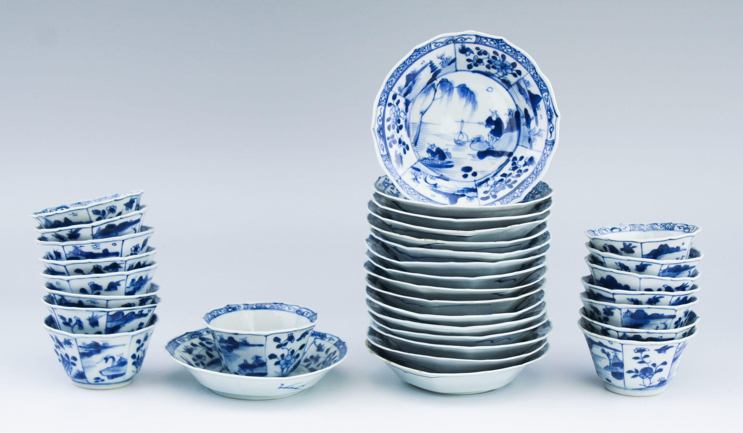 #16 Antiguo Periodo Kangxi Porcelana China Pescadores Taza de Té Platillo siglo XVIII y antes en venta