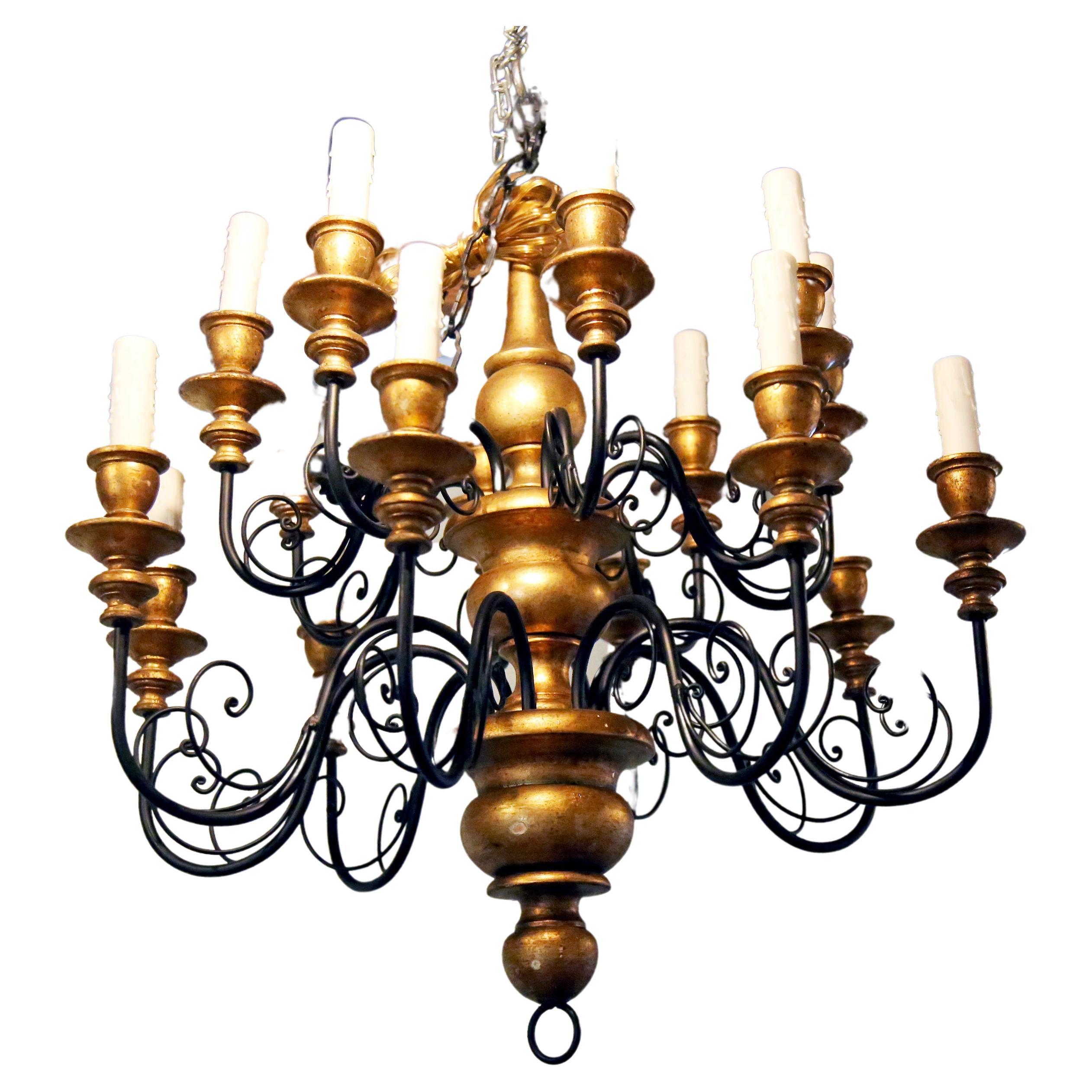 16 Arm Italian Wood Gold Gilt Chandelier For Sale