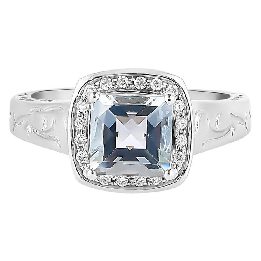 Bague aigue-marine et diamant de 1,6 carat en or blanc 14 carats