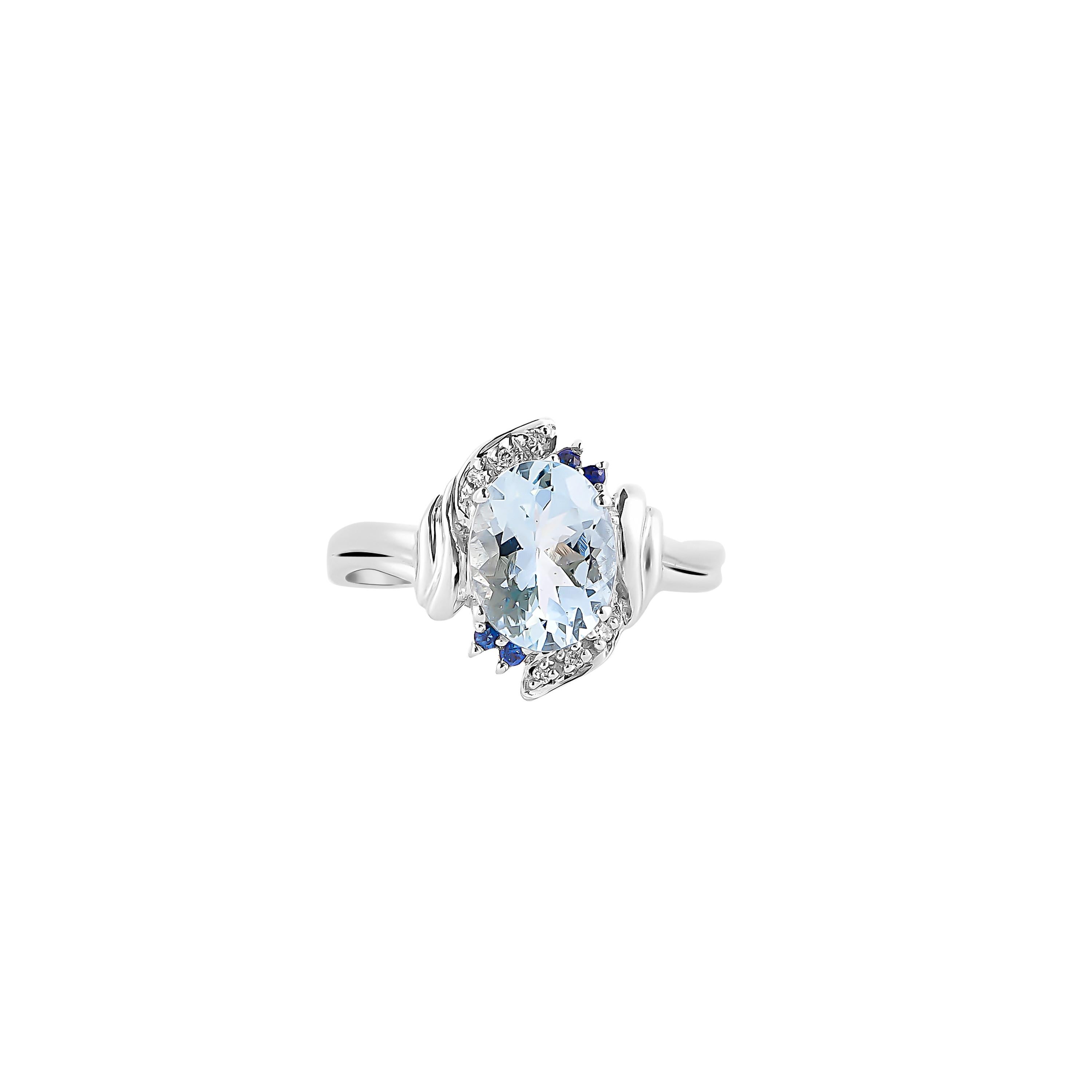 1,6 Karat Aquamarin, blauer Saphir und Diamant-Ring aus 14 Karat Weißgold (Ovalschliff) im Angebot
