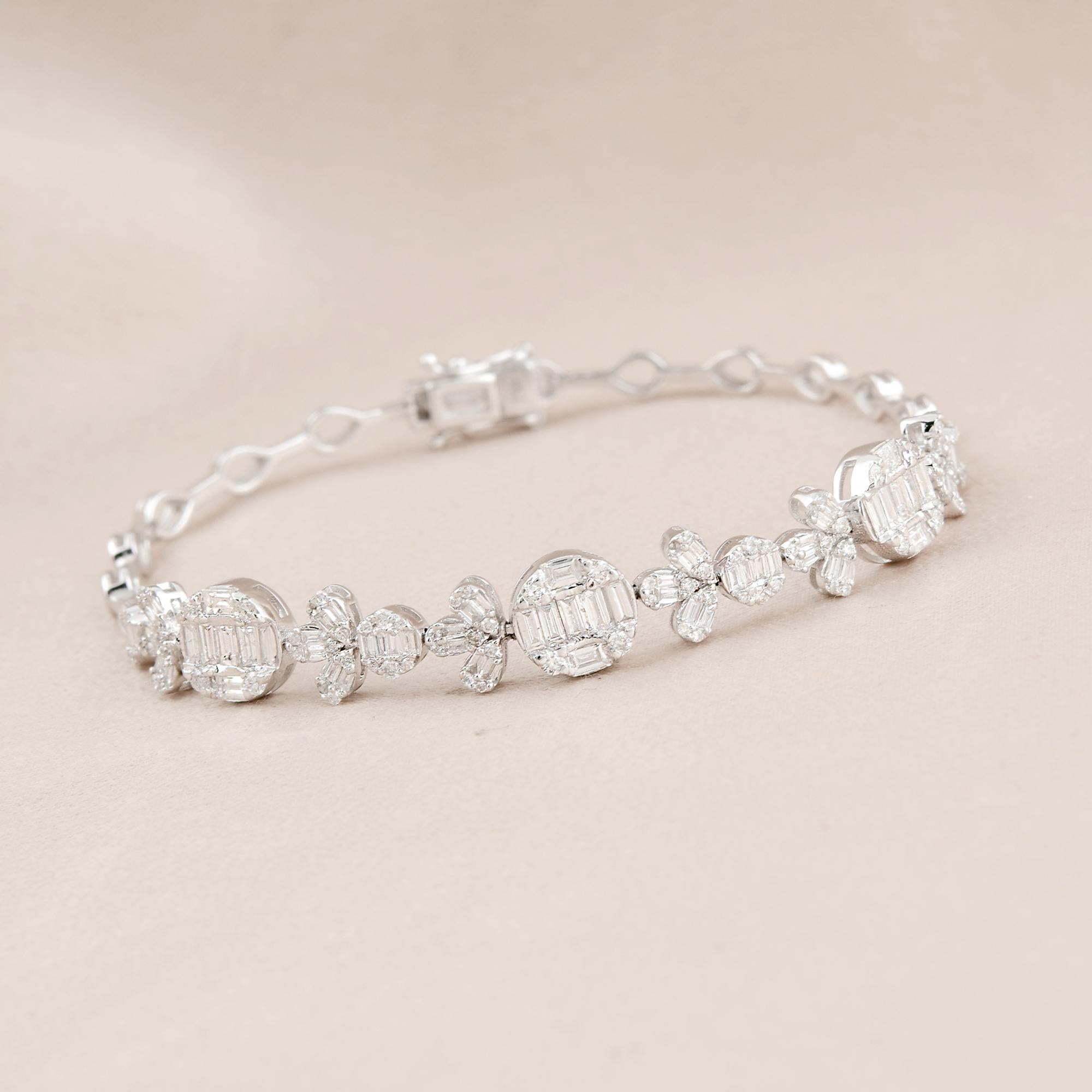 Baguette Cut 1.6 Carat Baguette Diamond Charm Bracelet 14 Karat White Gold Handmade Jewelry For Sale