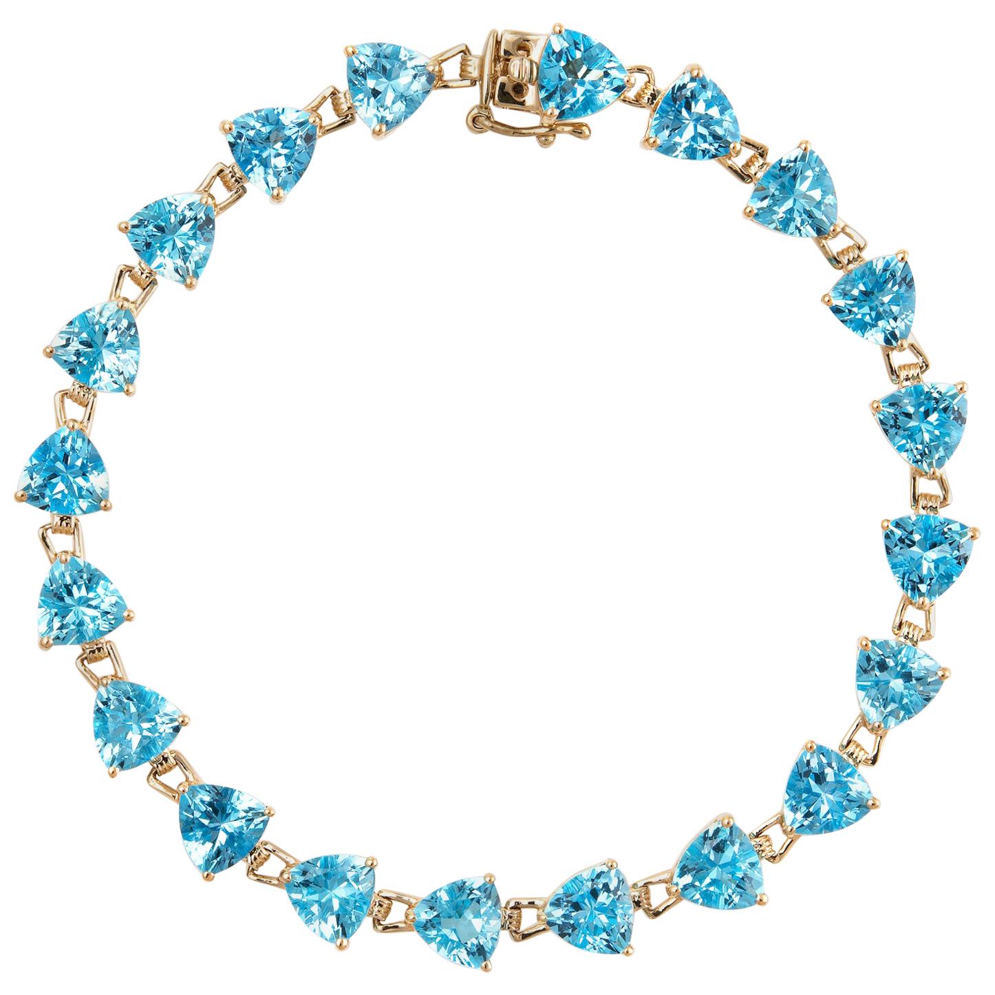 16 Carat Blue Topaz Bracelet Tennis Line Estate 14K Gold Trillion Cut Jewelry