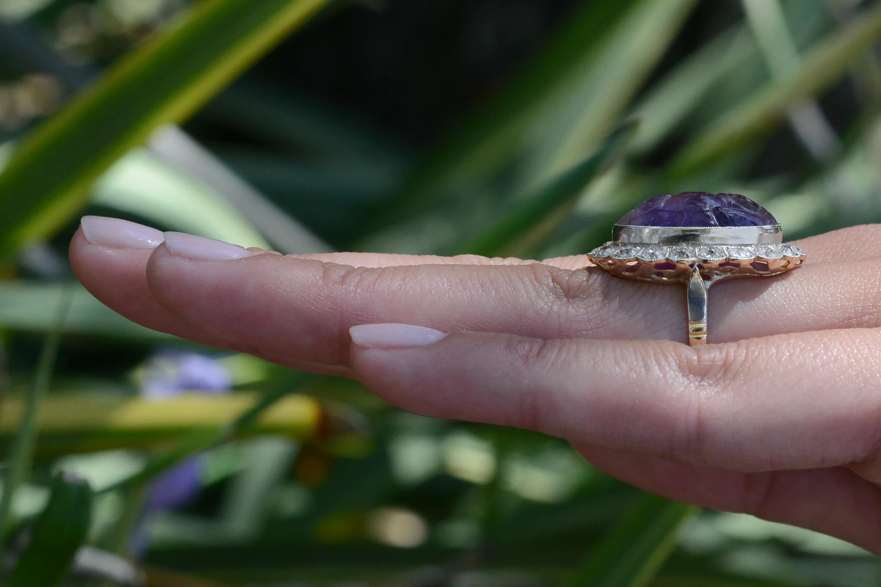 Retro 16 Carat Carved Amethyst & Diamond Vintage Cocktail Ring For Sale