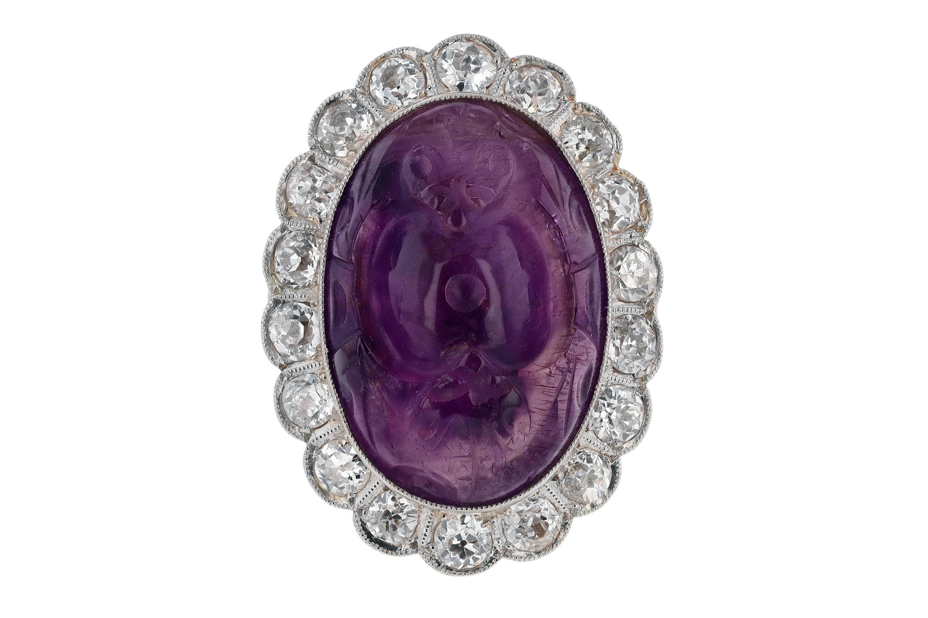16 Carat Carved Amethyst & Diamond Vintage Cocktail Ring In Good Condition For Sale In Santa Barbara, CA