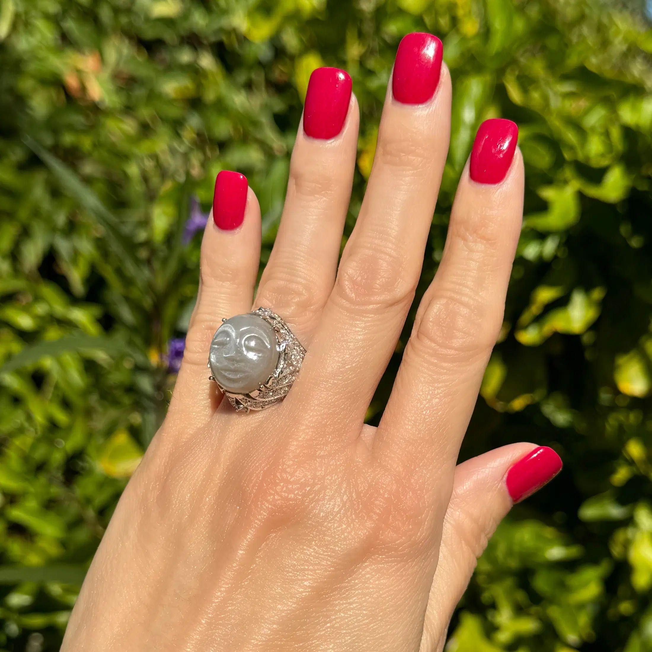 Modernist 16 Carat Carved Moonstone and Diamond Platinum Vintage Statement Ring For Sale