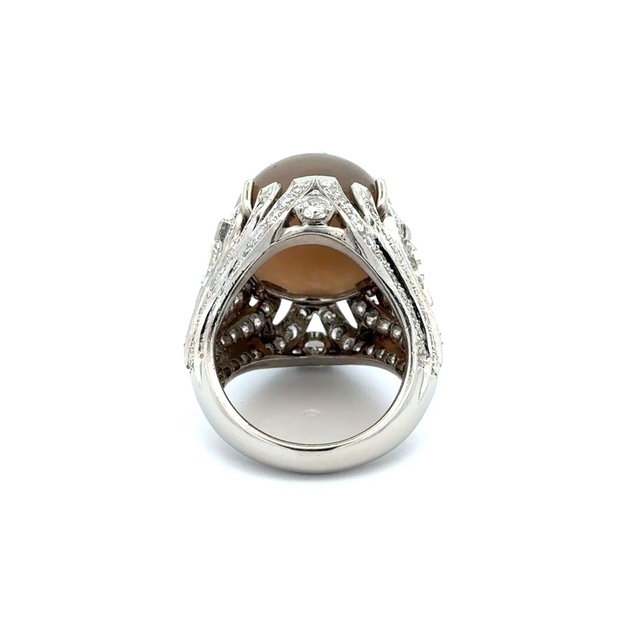 Mixed Cut 16 Carat Carved Moonstone and Diamond Platinum Vintage Statement Ring For Sale
