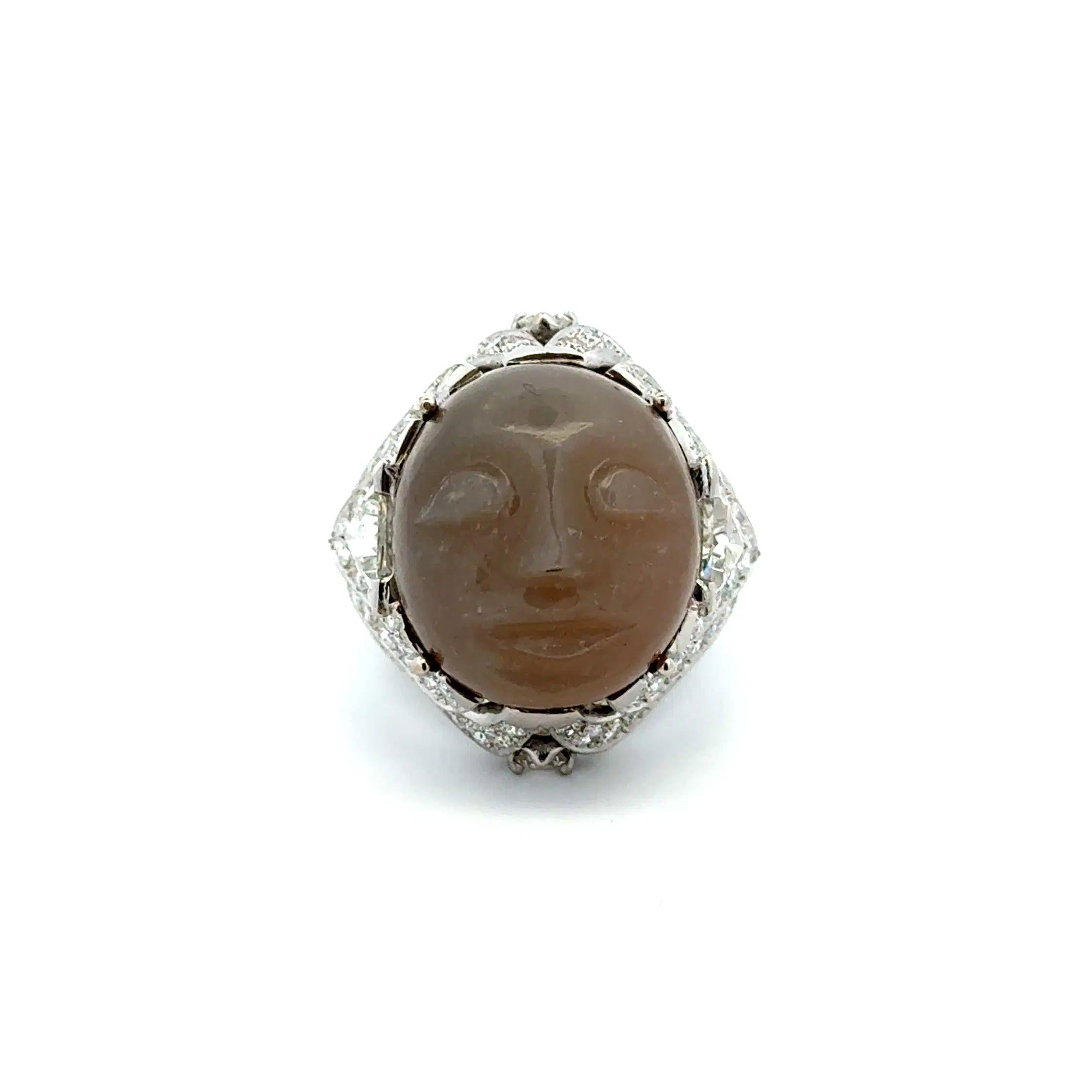 16 Carat Carved Moonstone and Diamond Platinum Vintage Statement Ring In Excellent Condition For Sale In Montreal, QC
