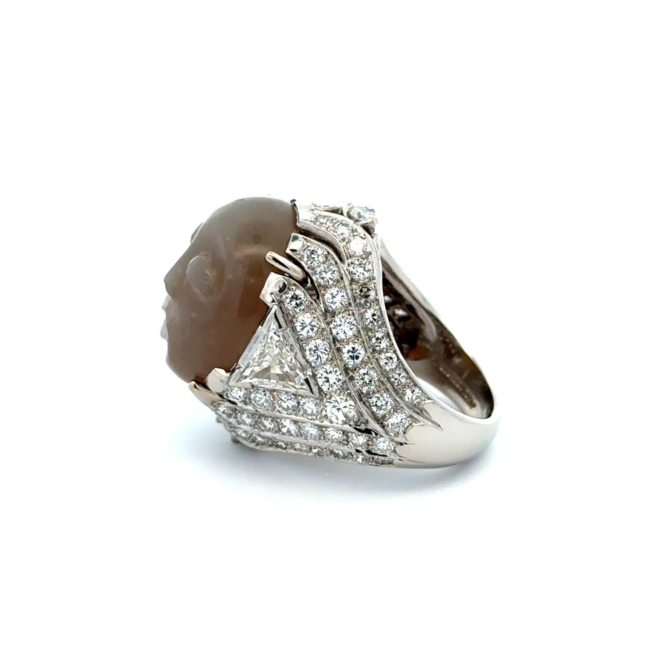 Women's 16 Carat Carved Moonstone and Diamond Platinum Vintage Statement Ring For Sale