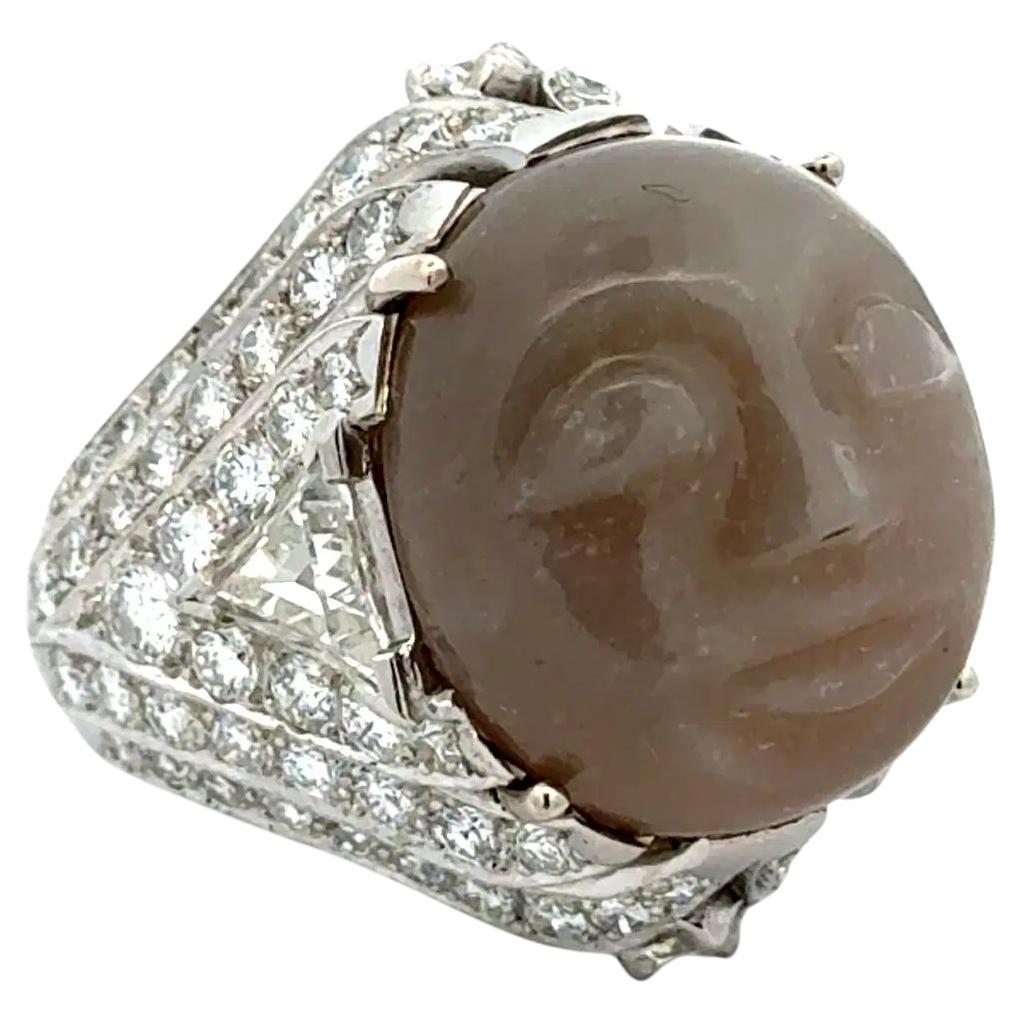 16 Carat Carved Moonstone and Diamond Platinum Vintage Statement Ring