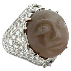 16 Carat Carved Moonstone and Diamond Platinum Vintage Statement Ring