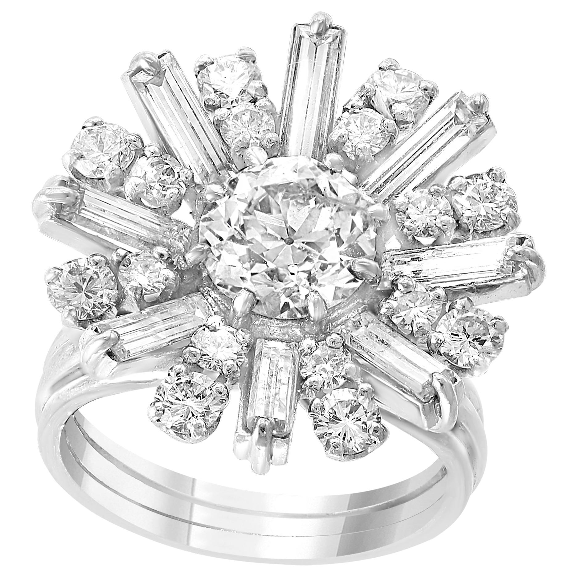 1.6 Carat Centre Diamond Flower Cocktail Engagement Platinum Ring Estate TDW 3.2 For Sale