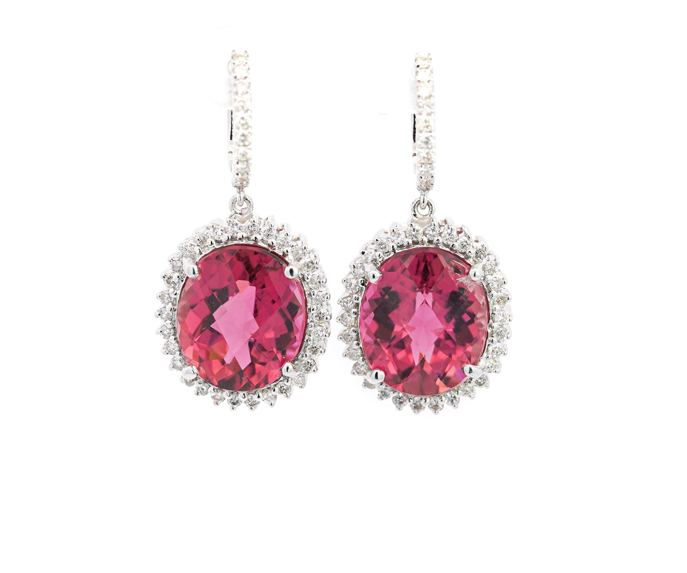 Art Deco 16 Carat Checkerboard Oval-Cut Pink Tourmaline and Diamond Halo Drop Earrings For Sale