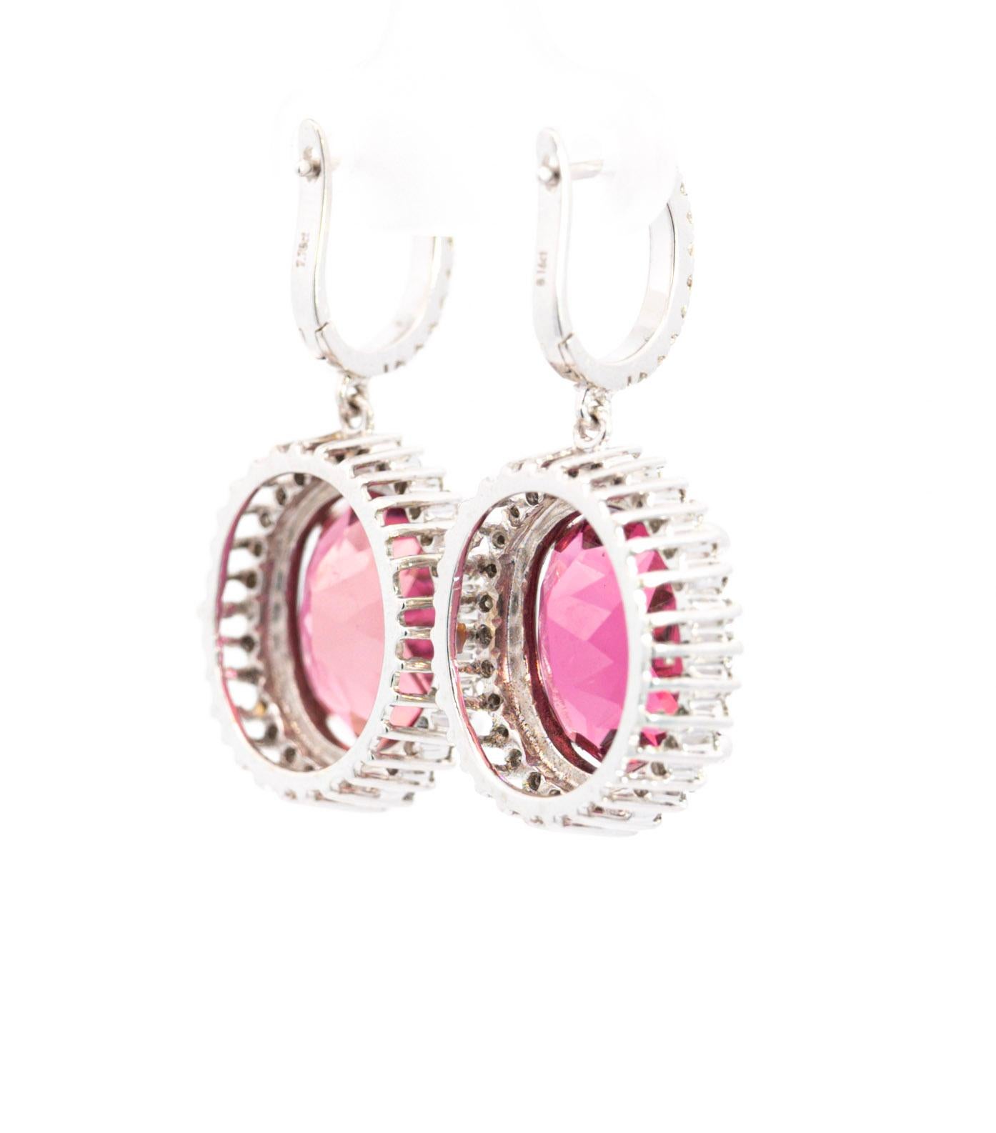 Oval Cut 16 Carat Checkerboard Oval-Cut Pink Tourmaline and Diamond Halo Drop Earrings For Sale