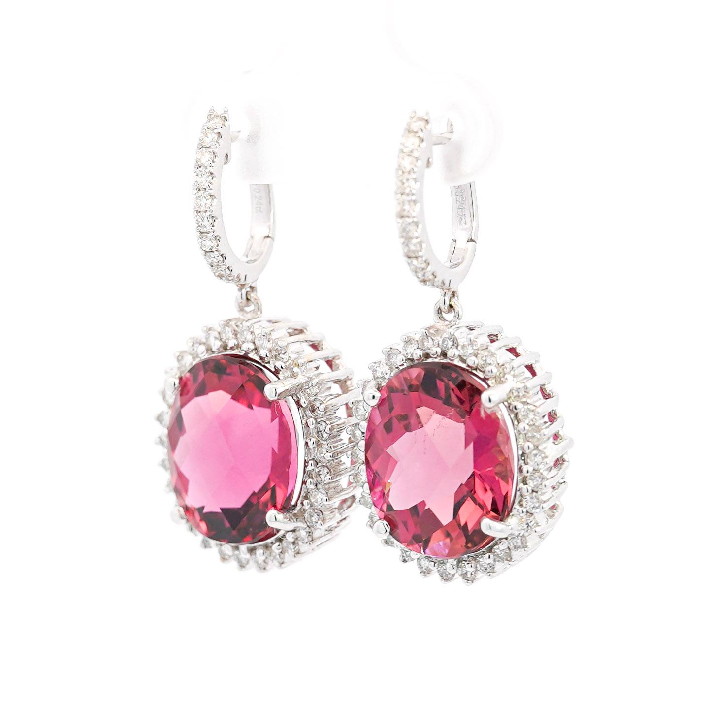 16 Carat Checkerboard Oval-Cut Pink Tourmaline and Diamond Halo Drop Earrings In New Condition For Sale In Miami, FL