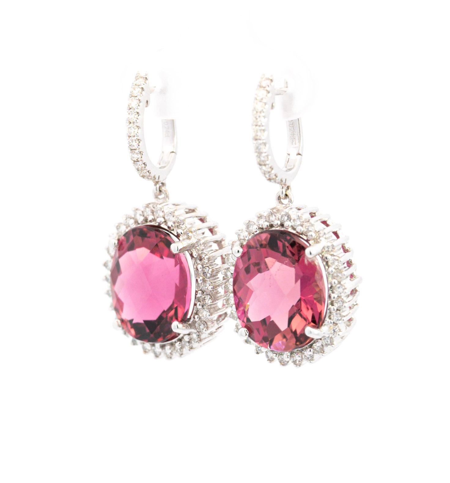 Women's 16 Carat Checkerboard Oval-Cut Pink Tourmaline and Diamond Halo Drop Earrings For Sale
