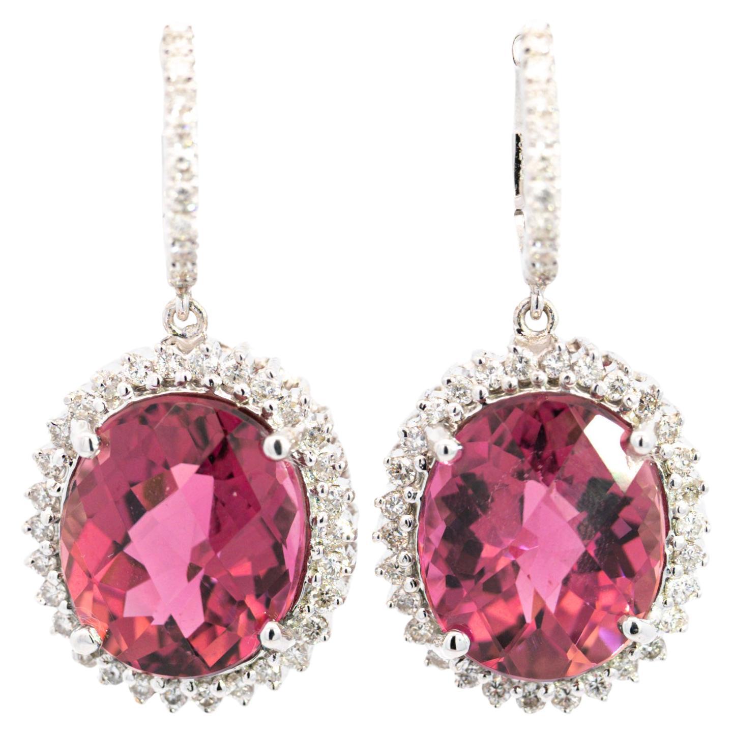 16 Carat Checkerboard Oval-Cut Pink Tourmaline and Diamond Halo Drop Earrings