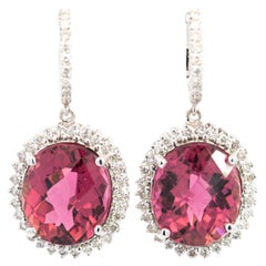 Vintage 16 Carat Checkerboard Oval-Cut Pink Tourmaline and Diamond Halo Drop Earrings