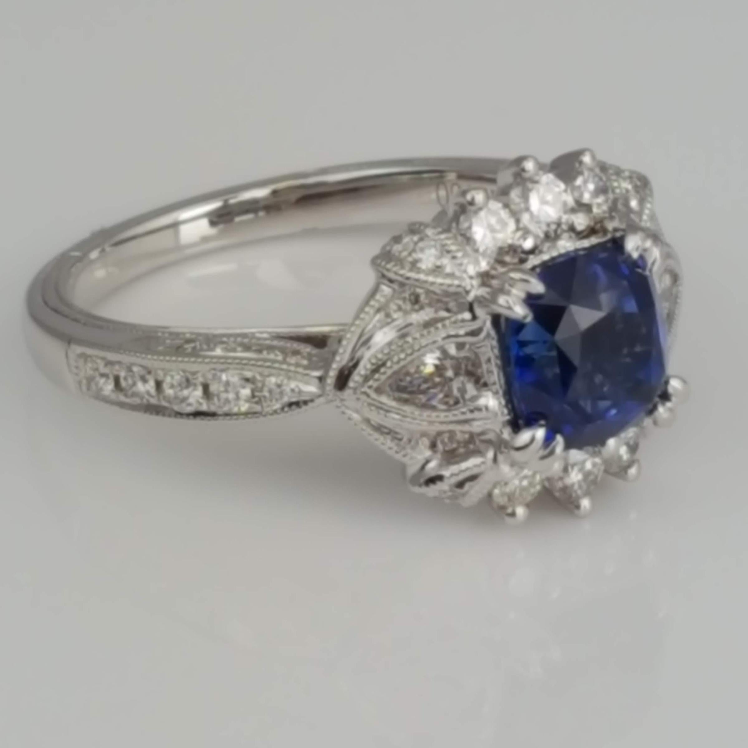 1.6 Carat Cushion Cut Blue Sapphire Ring with 0.63 Carat Natural Diamond ref1364 In New Condition For Sale In New York, NY
