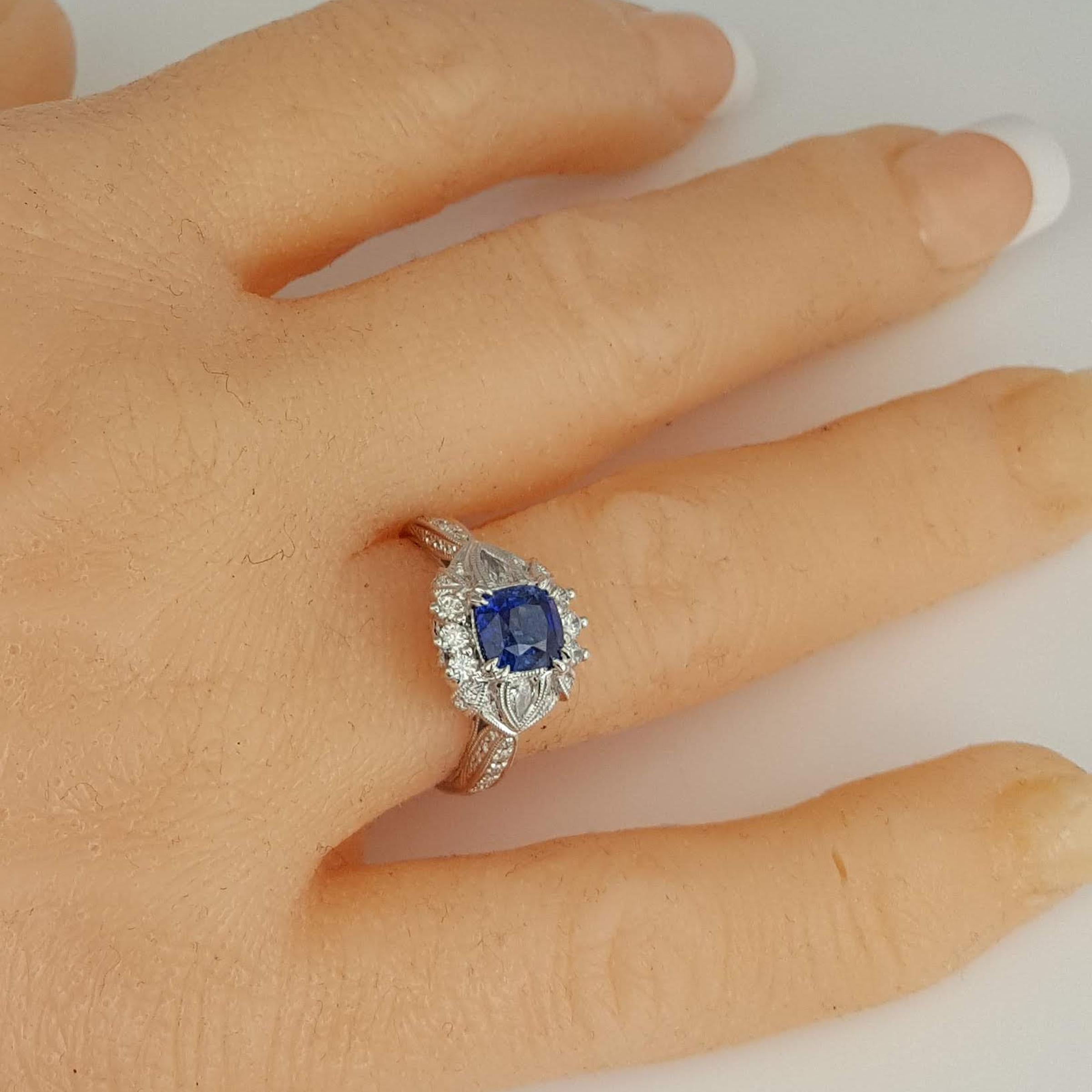Women's 1.6 Carat Cushion Cut Blue Sapphire Ring with 0.63 Carat Natural Diamond ref1364 For Sale