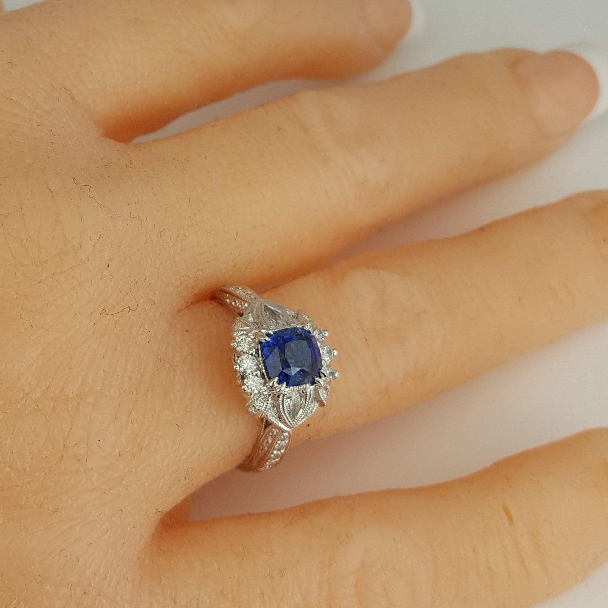 1.6 Carat Cushion Cut Blue Sapphire Ring with 0.63 Carat Natural Diamond ref1364 For Sale 1