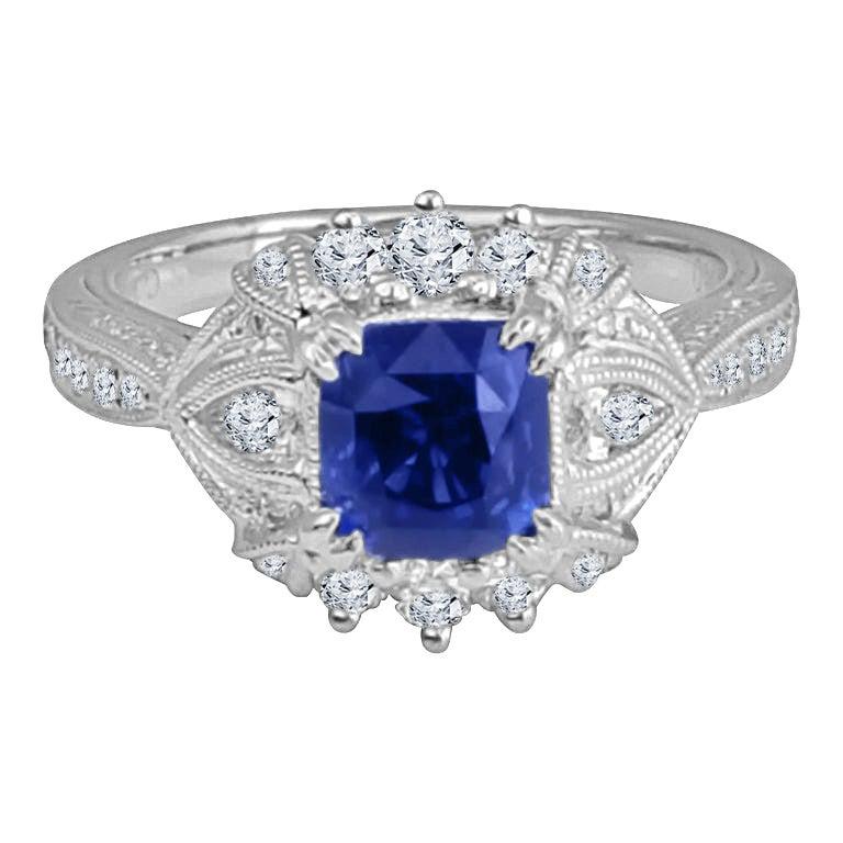 Bague saphir bleu taille coussin de 1,6 carat avec diamant naturel de 0,63 carat ref1364