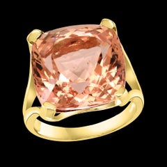 16 Carat Cushion Shape Morganite Cocktail Ring 14 Karat Yellow Gold Estate