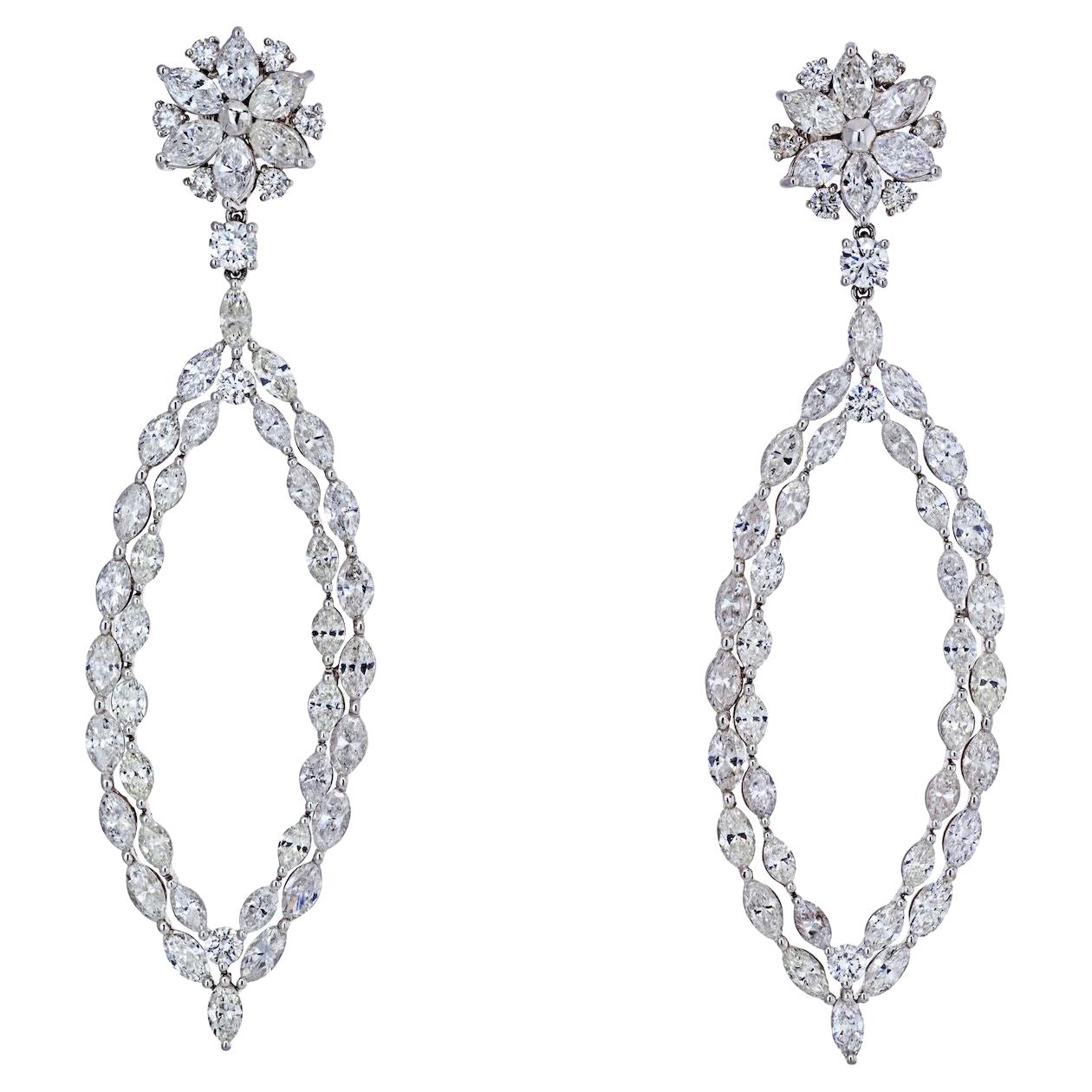 Boucles d'oreilles pendantes en diamants taille ronde et marquise de 16 carats