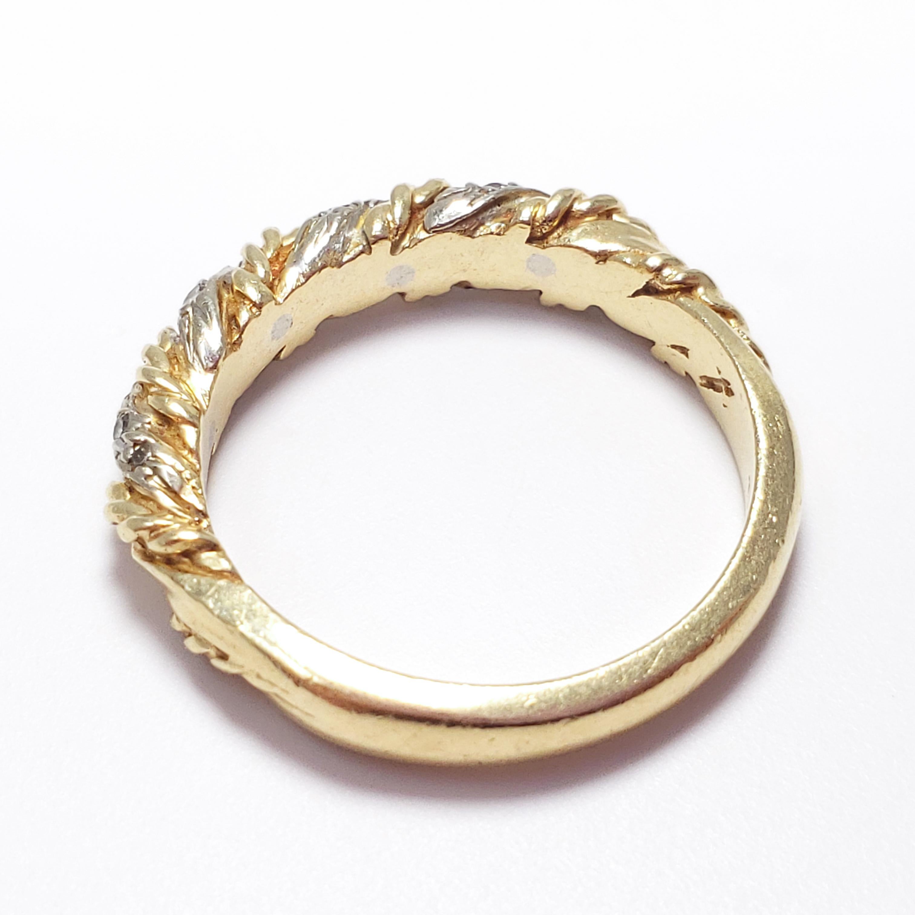 Round Cut .16 Carat Diamond 14 Karat Gold and Platinum Stylized Twisted Ring Band, 1970 For Sale