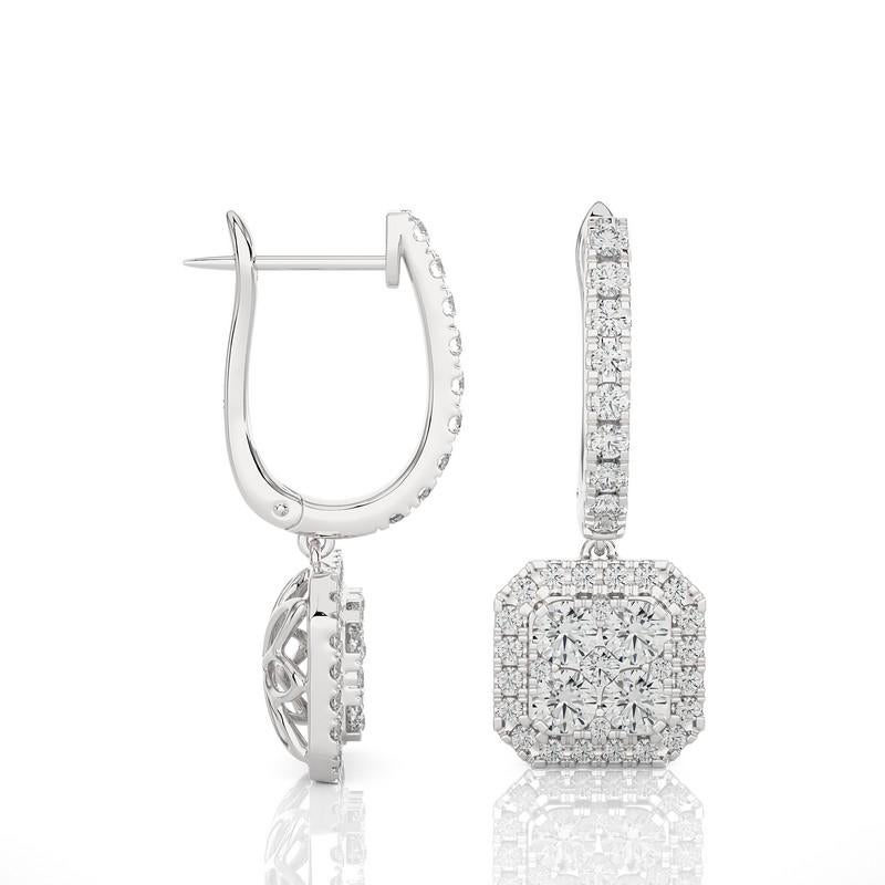 Modern 1.6 Carat Diamond Moonlight Cushion Cluster Earring in 14K White Gold For Sale