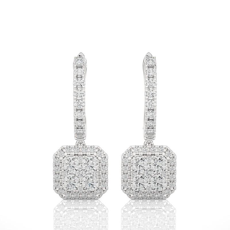 Round Cut 1.6 Carat Diamond Moonlight Cushion Cluster Earring in 14K White Gold For Sale