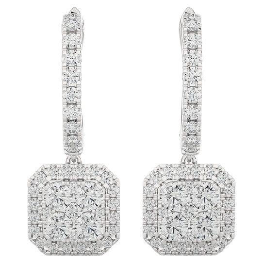 1.6 Carat Diamond Moonlight Cushion Cluster Earring in 14K White Gold For Sale