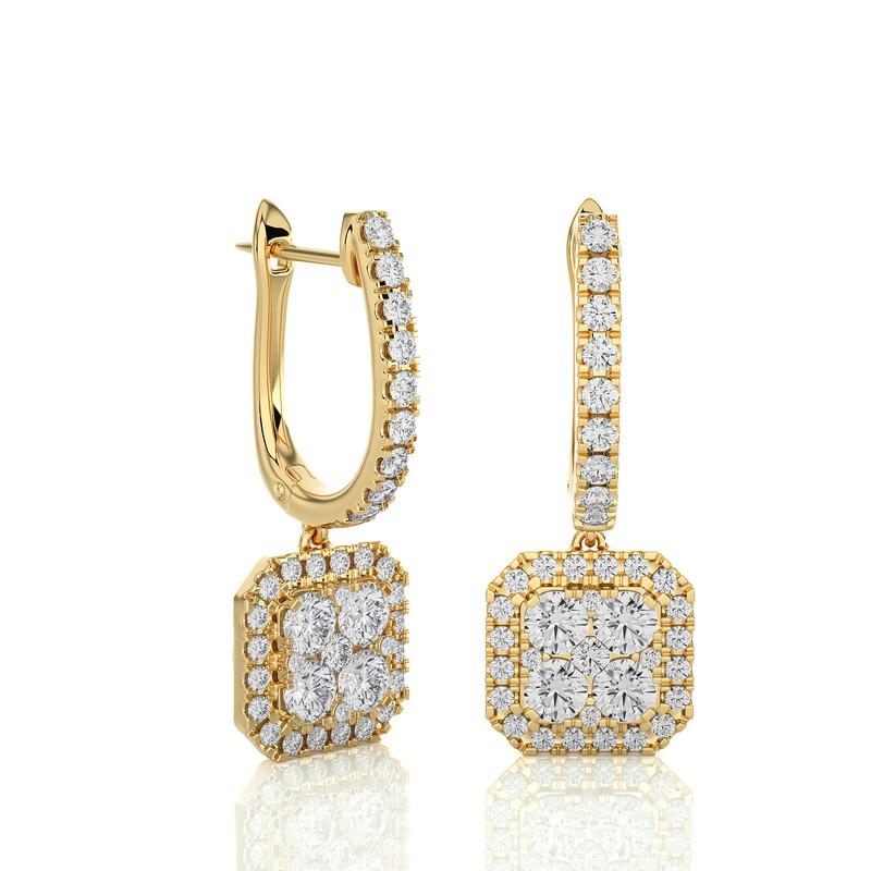 The Moonlight Cushion Cluster Lever Back Earrings are a radiant masterpiece, crafted from 3.94 grams of 14K yellow gold. These earrings showcase a stunning cluster of 78 excellent round diamonds, totaling 1.6 carats. The design is both elegant and