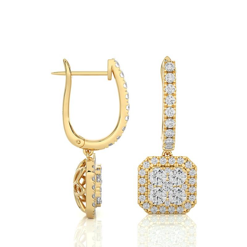 Modern 1.6 Carat Diamond Moonlight Cushion Cluster Earring in 14K Yellow Gold For Sale