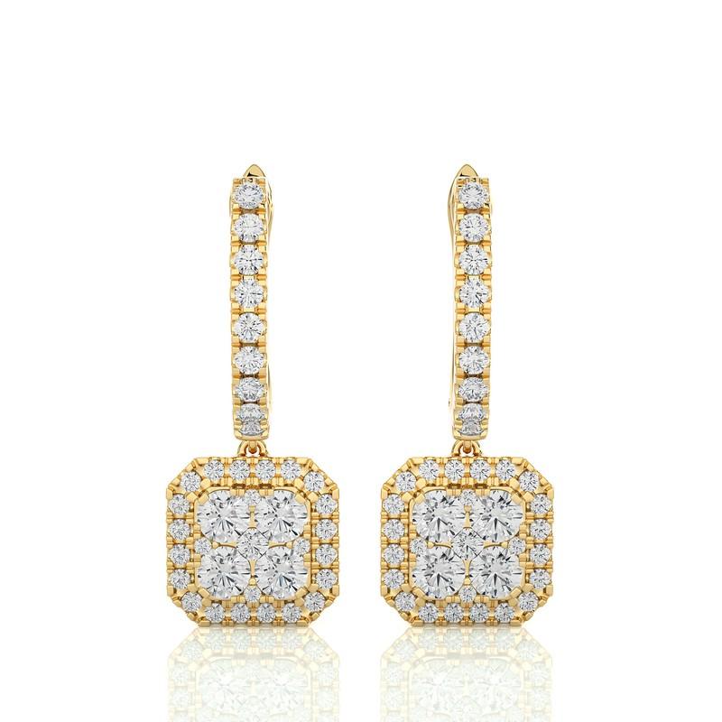 Round Cut 1.6 Carat Diamond Moonlight Cushion Cluster Earring in 14K Yellow Gold For Sale