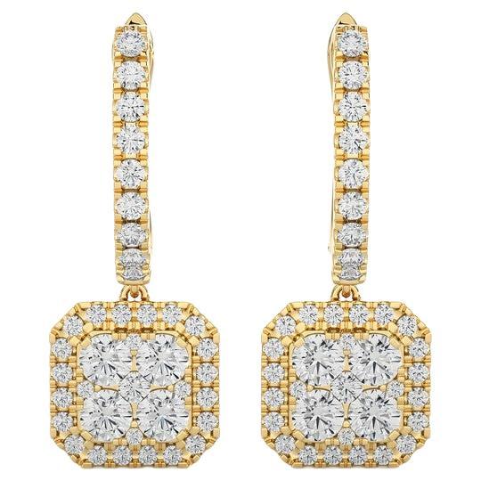 1.6 Carat Diamond Moonlight Cushion Cluster Earring in 14K Yellow Gold For Sale