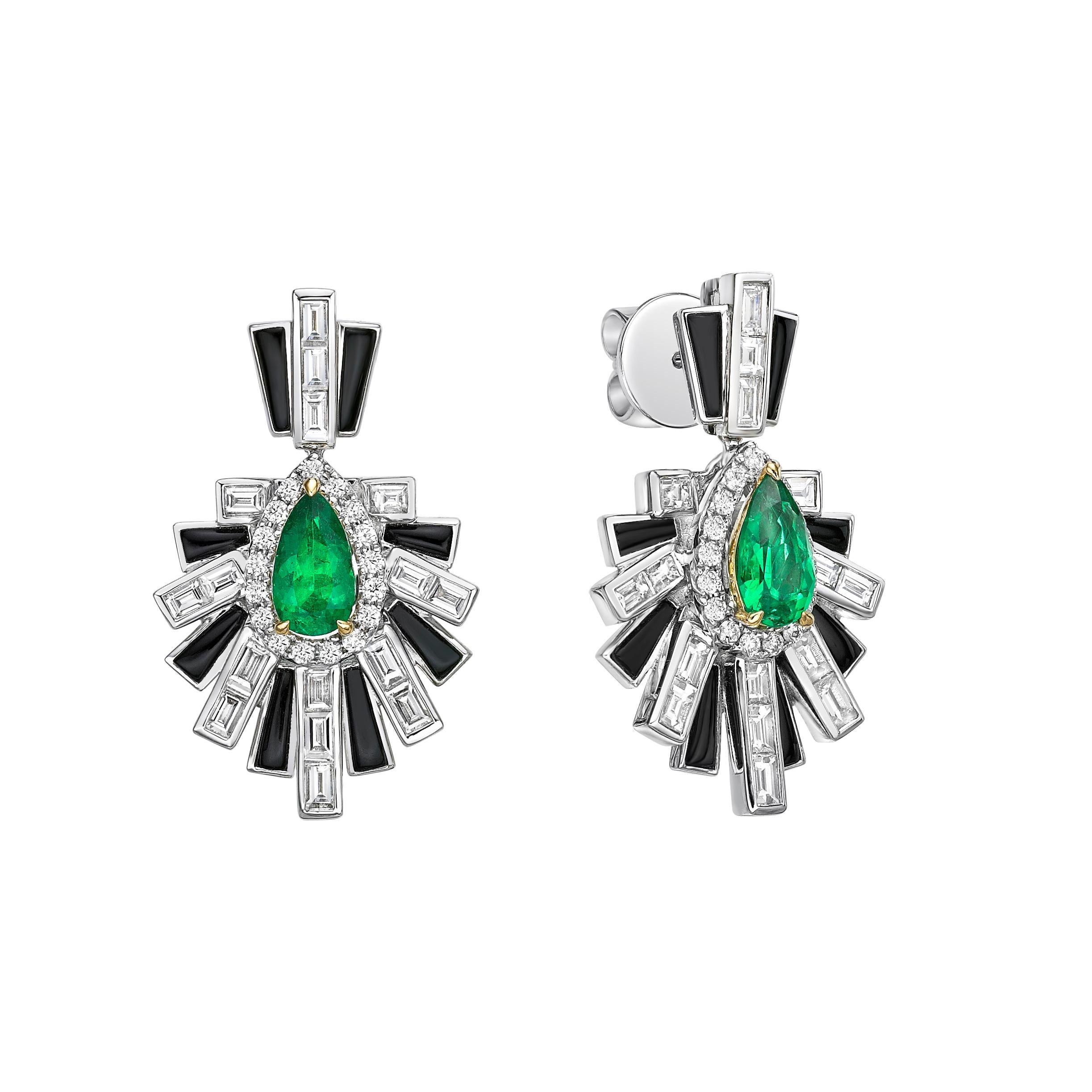 Starburst earrings from our Emerald Art Deco Style Collection. These earrings are beautifully constructed with layers of diamonds and black onyx to elevate the stunning Colombian Emeralds.

Designer emerald earrings in 18K white gold and yellow gold