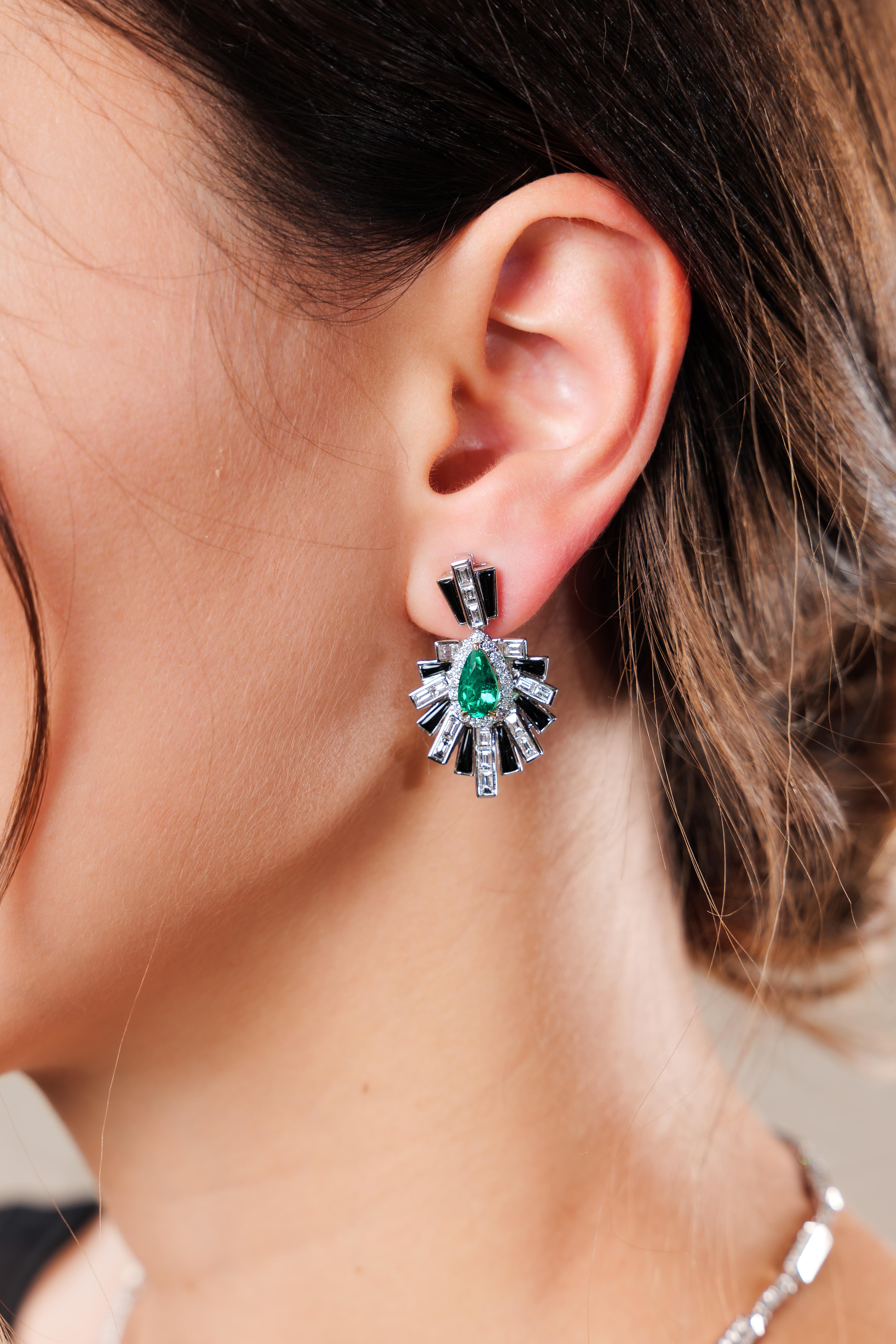 Pear Cut Art Deco Style Emerald, Black Onyx and Diamond Earrings in 18 Karat White Gold