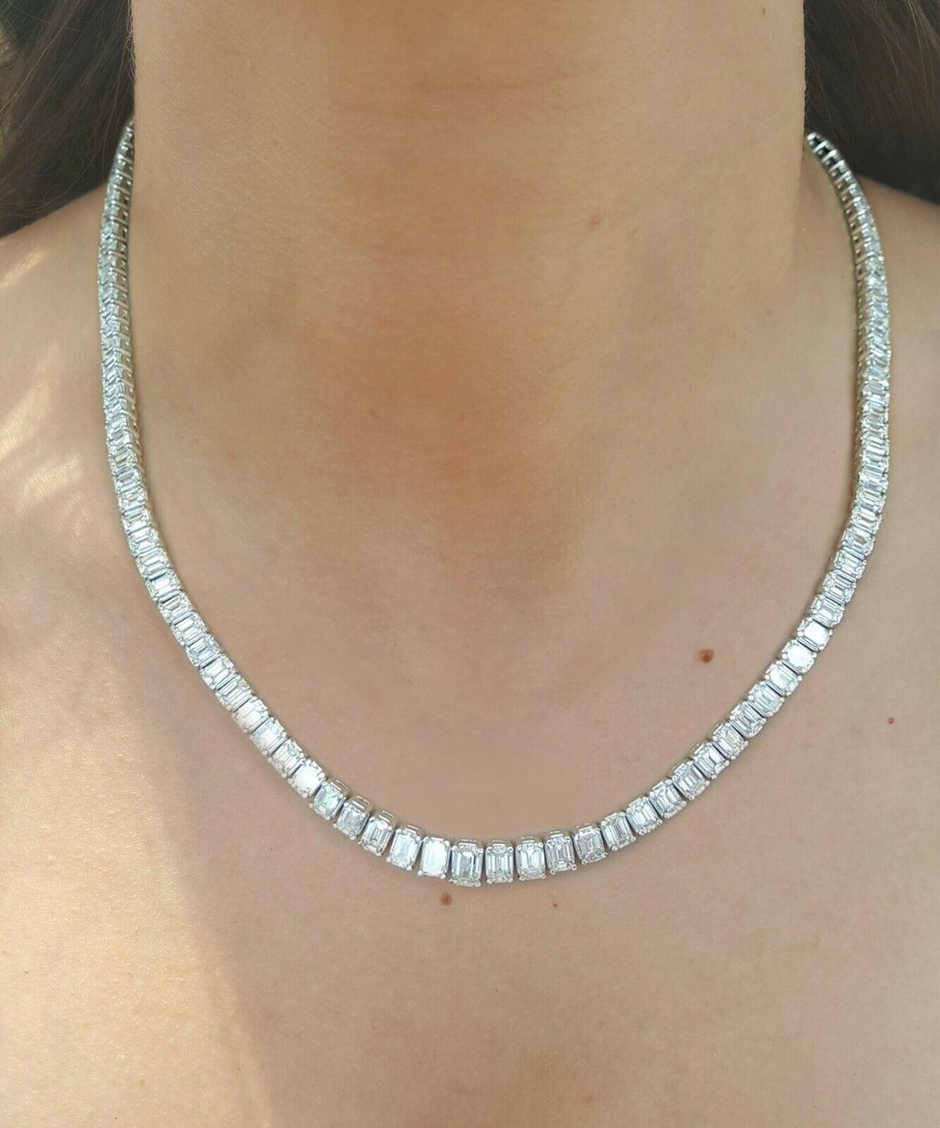 Modern 16 Carat Emerald Cut Diamond Riviera Necklace For Sale