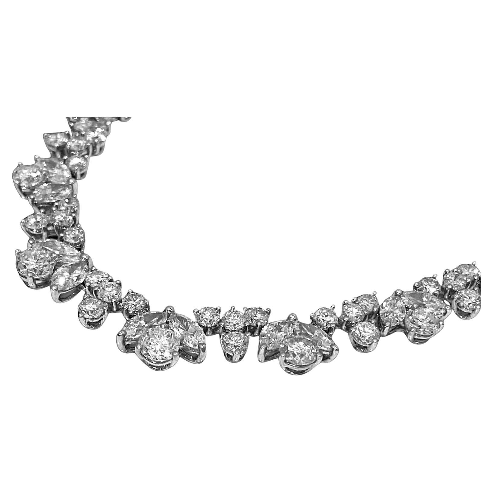 Round Cut 16 Carat Exquisite 18K White Gold Graduated Flower Diamond Necklace For Sale