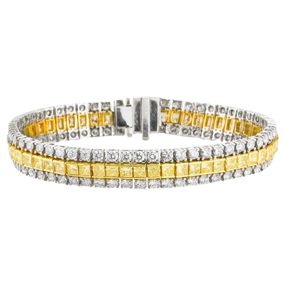 Round Cut 16 Carat Fancy Yellow Diamond Tennis Two Tone 18k White gold Bracelet For Sale