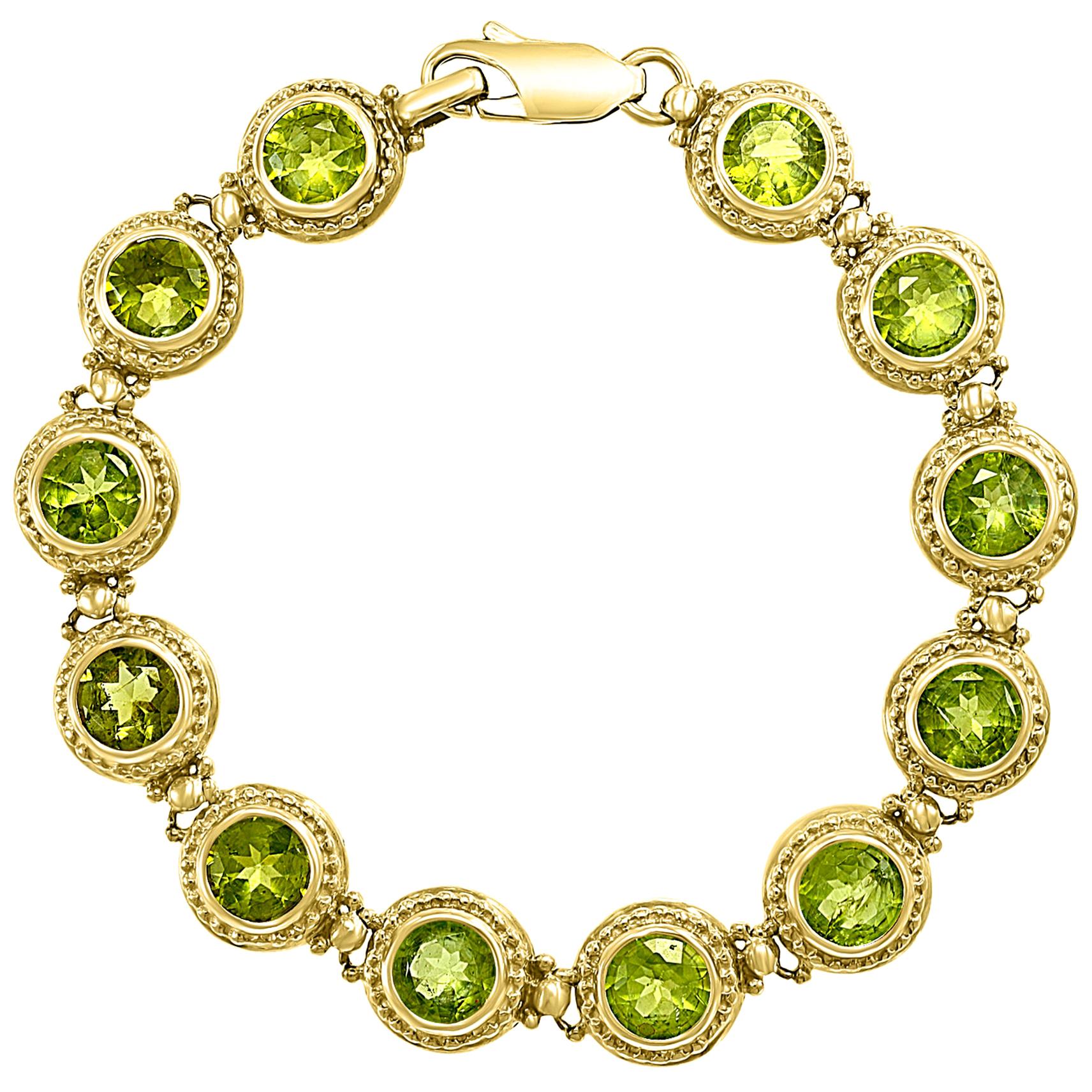 Bracelet tennis en or jaune 14 carats avec péridot naturel véritable de 16 carats, 16 grammes en vente