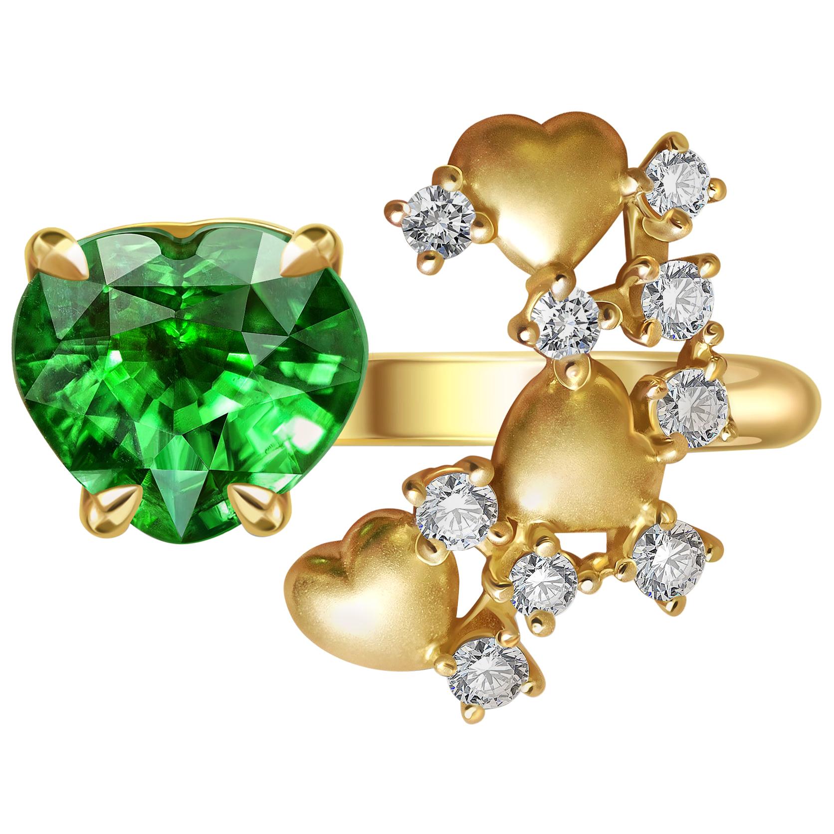 1.6 Carat Heart Shape Tsavorite Diamond 14 Karat Yellow Gold Ring