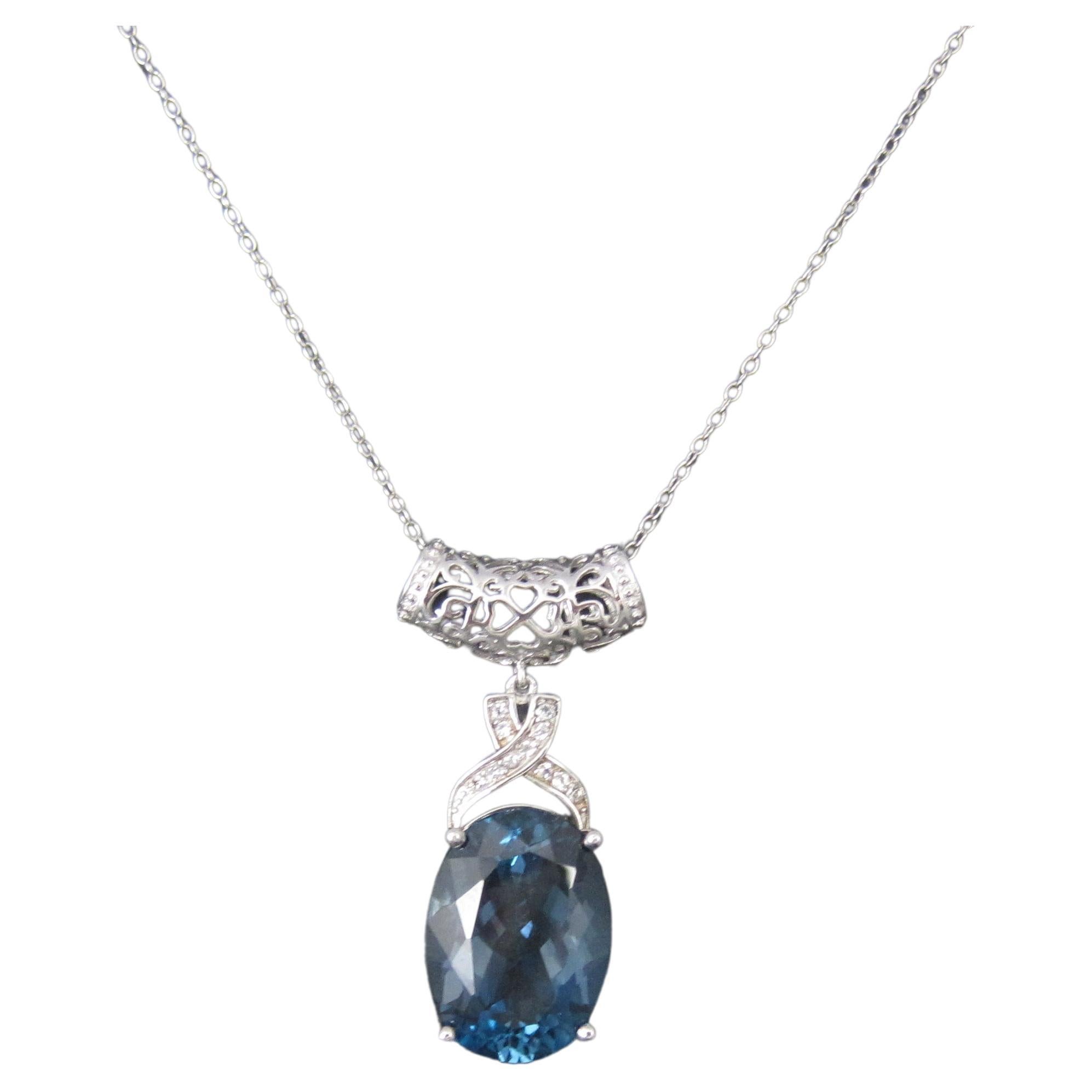 16 Carat London Blue Topaz Pendant Necklace Sterling Silver