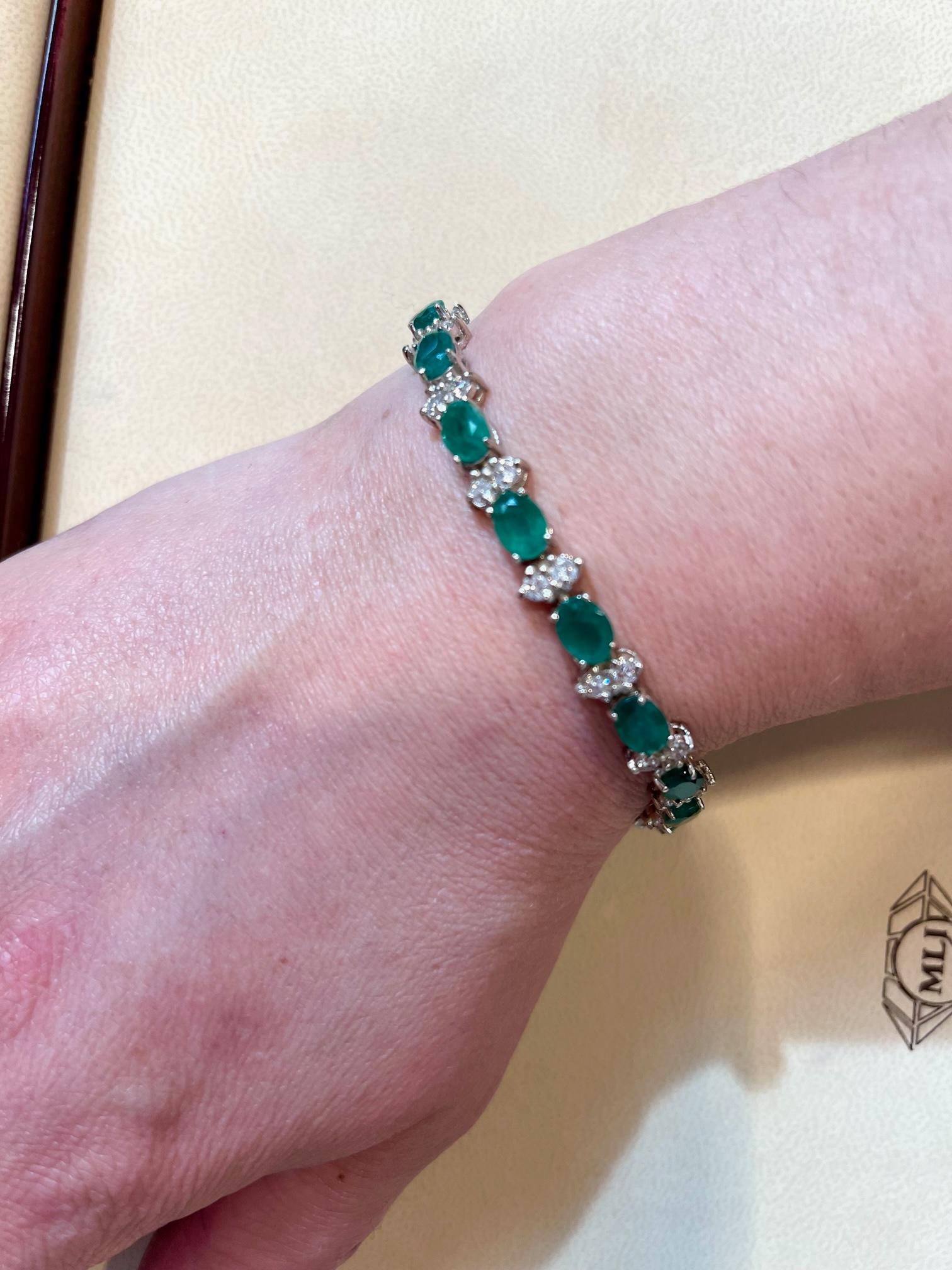  This exceptionally affordable Tennis  bracelet has  17 stones of oval  Emeralds  . Each Emerald is spaced by two diamonds . Total weight of the Emeralds is  approximately 16  carat. Total number of diamonds are 32 and diamond weighs is